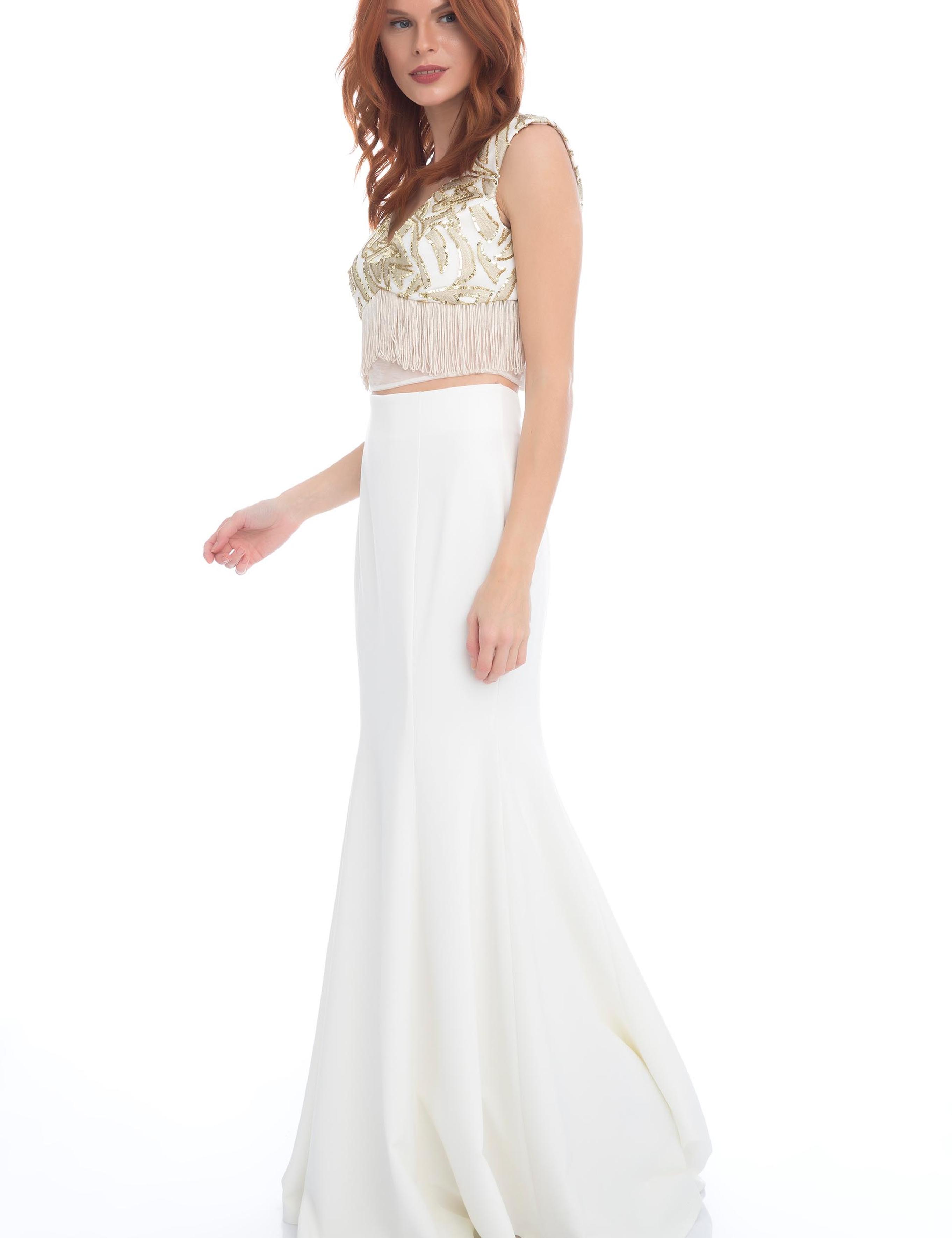 BEYAZ İkili Takım Balık Abiye Elbise