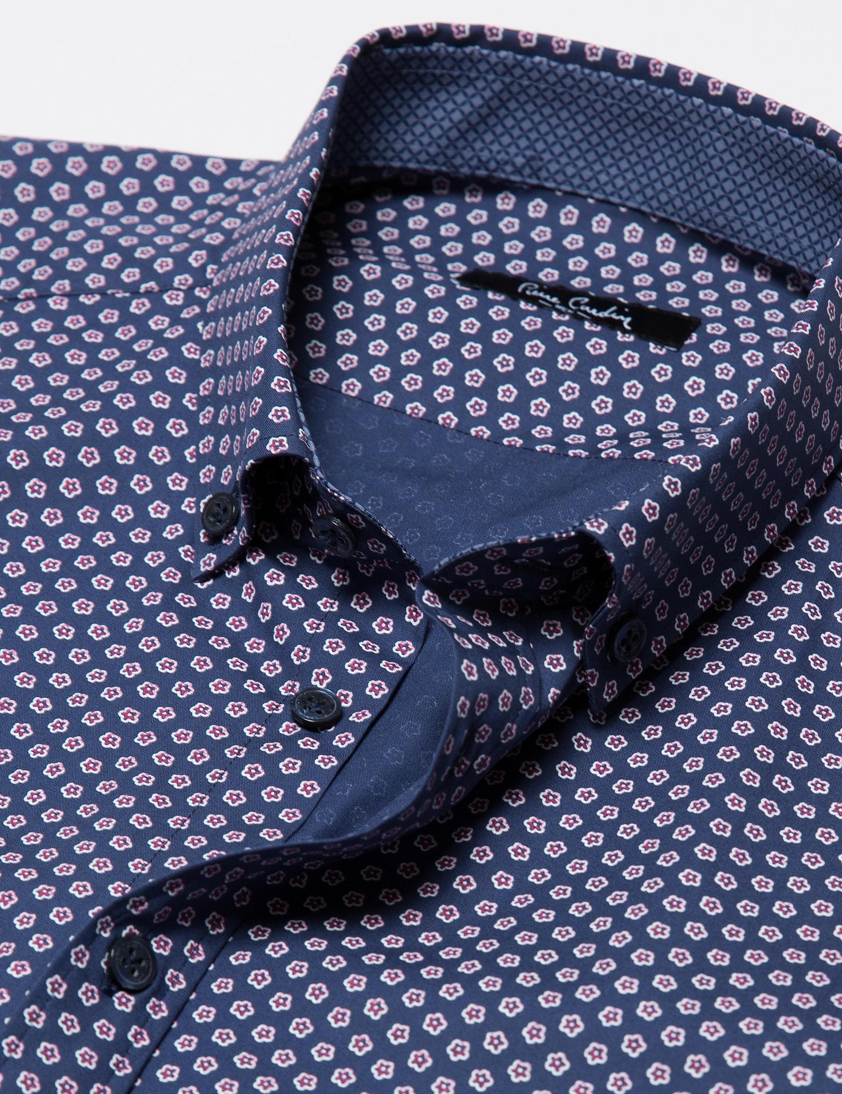 Kırmızı Detaylı Lacivert Slim Fit Gömlek