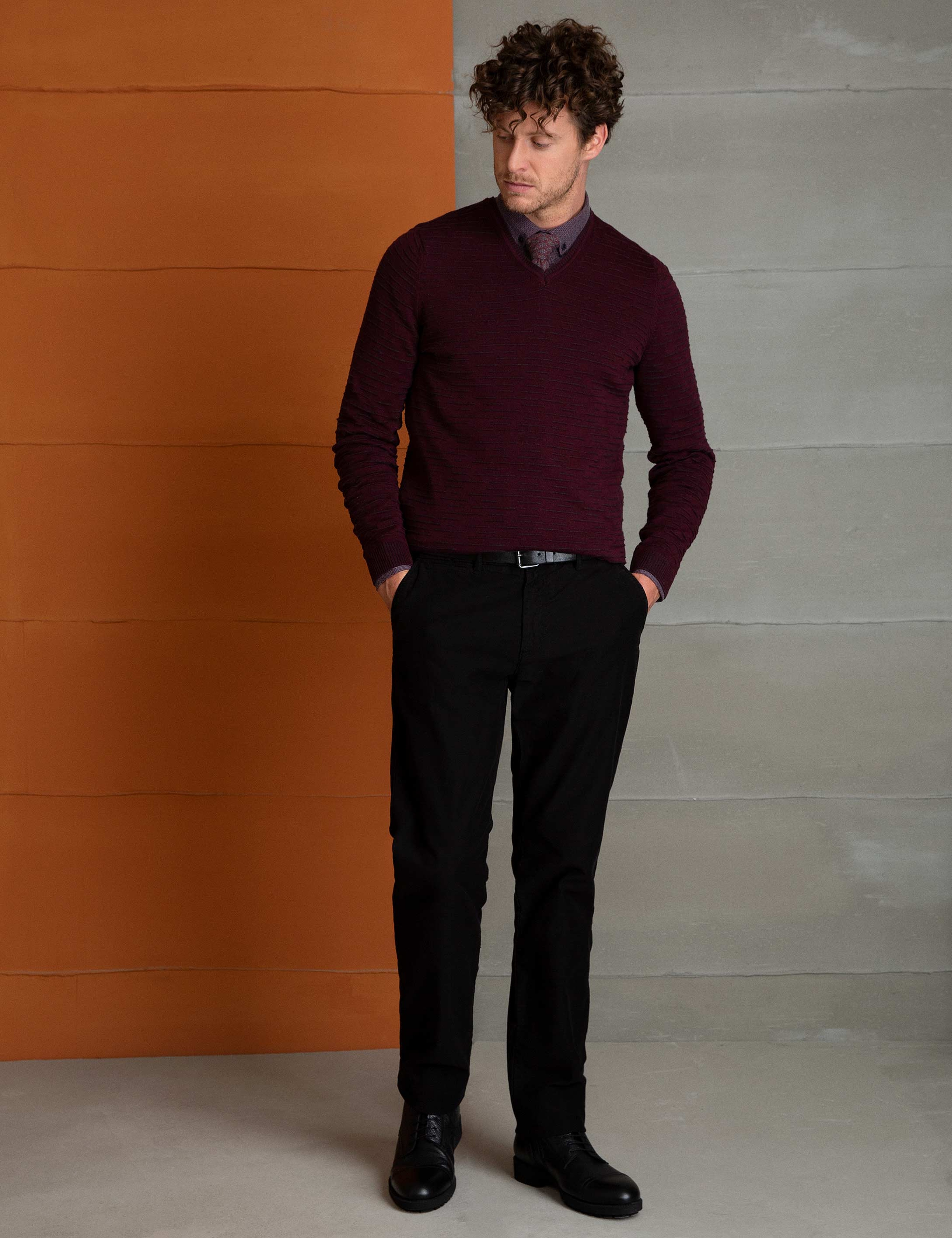 Bordo Slim Fit V Yaka Triko Kazak - Image 3