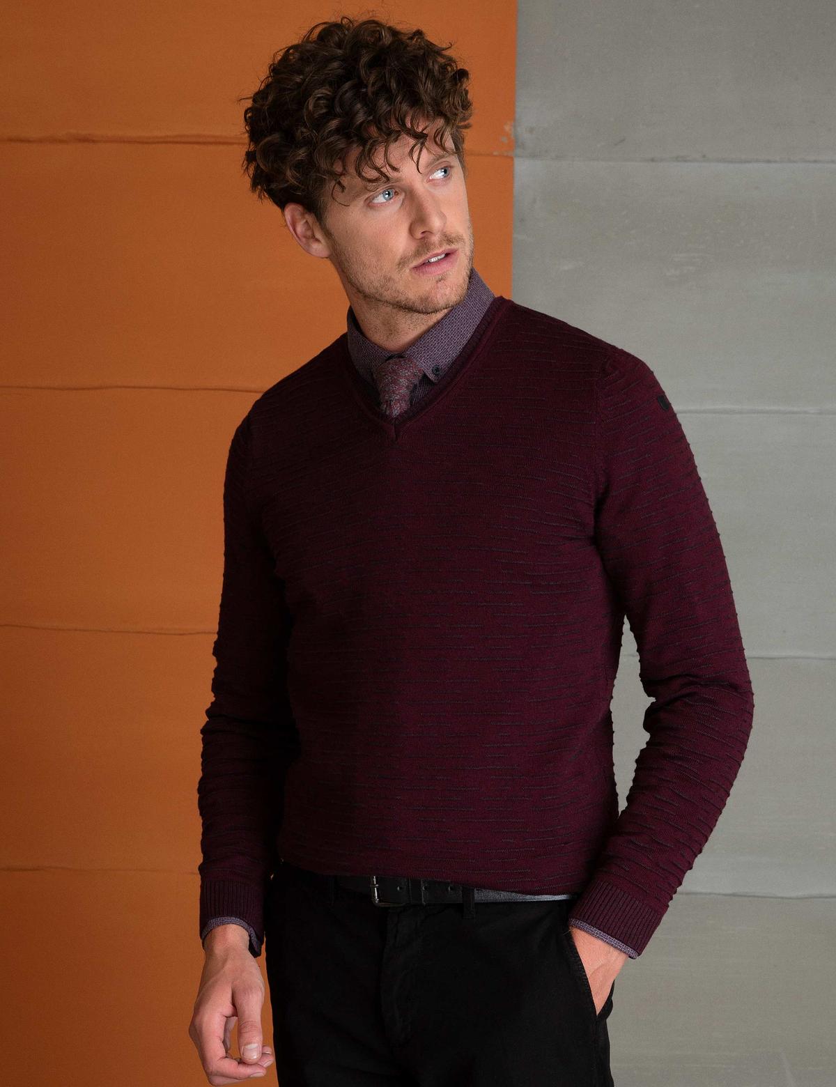 Bordo Slim Fit V Yaka Triko Kazak - 50194103033