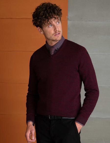 Bordo Slim Fit V Yaka Triko Kazak - 50194103033