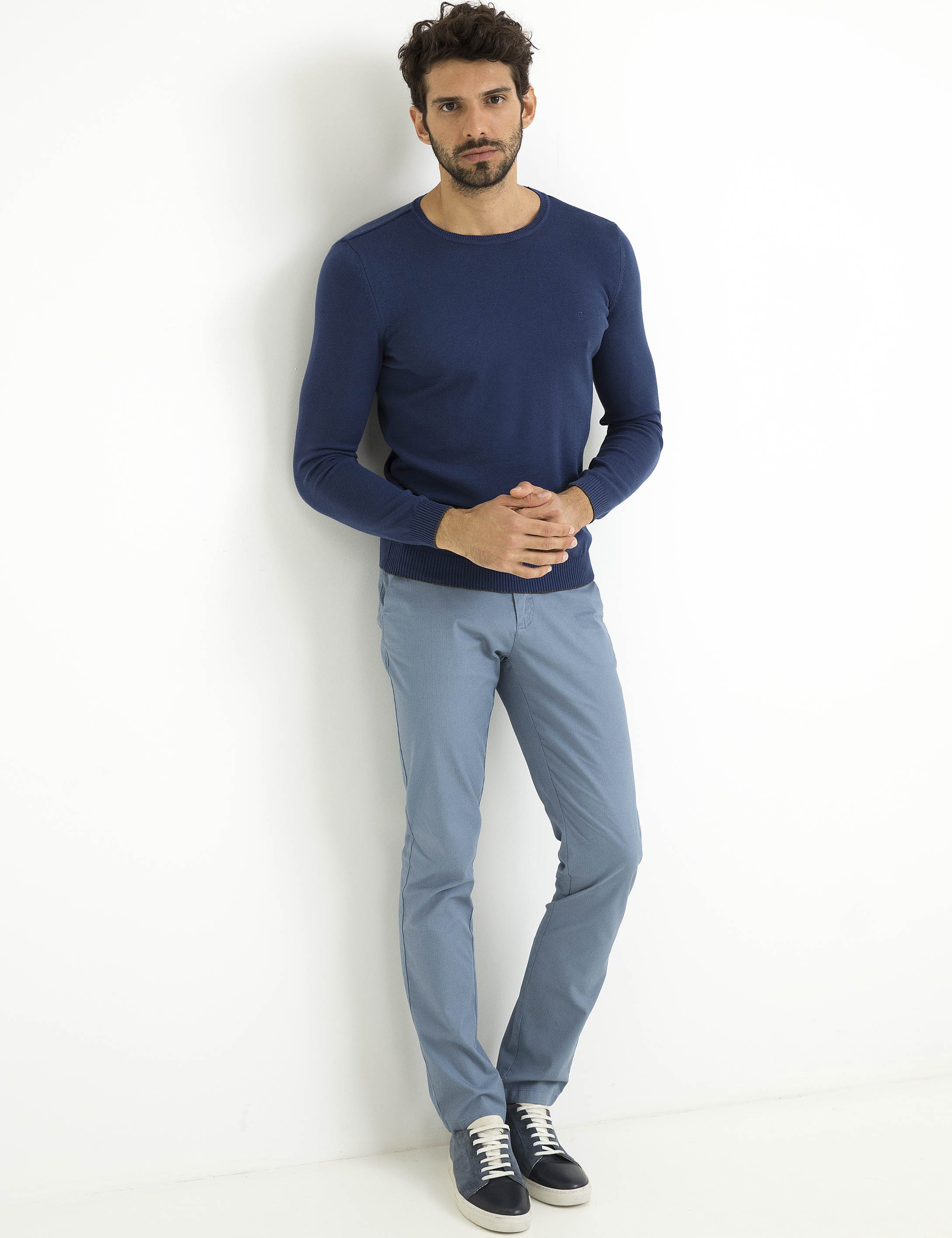 İndigo Mavi Slim Fit Bisiklet Yaka Basic Triko Kazak - Image 2