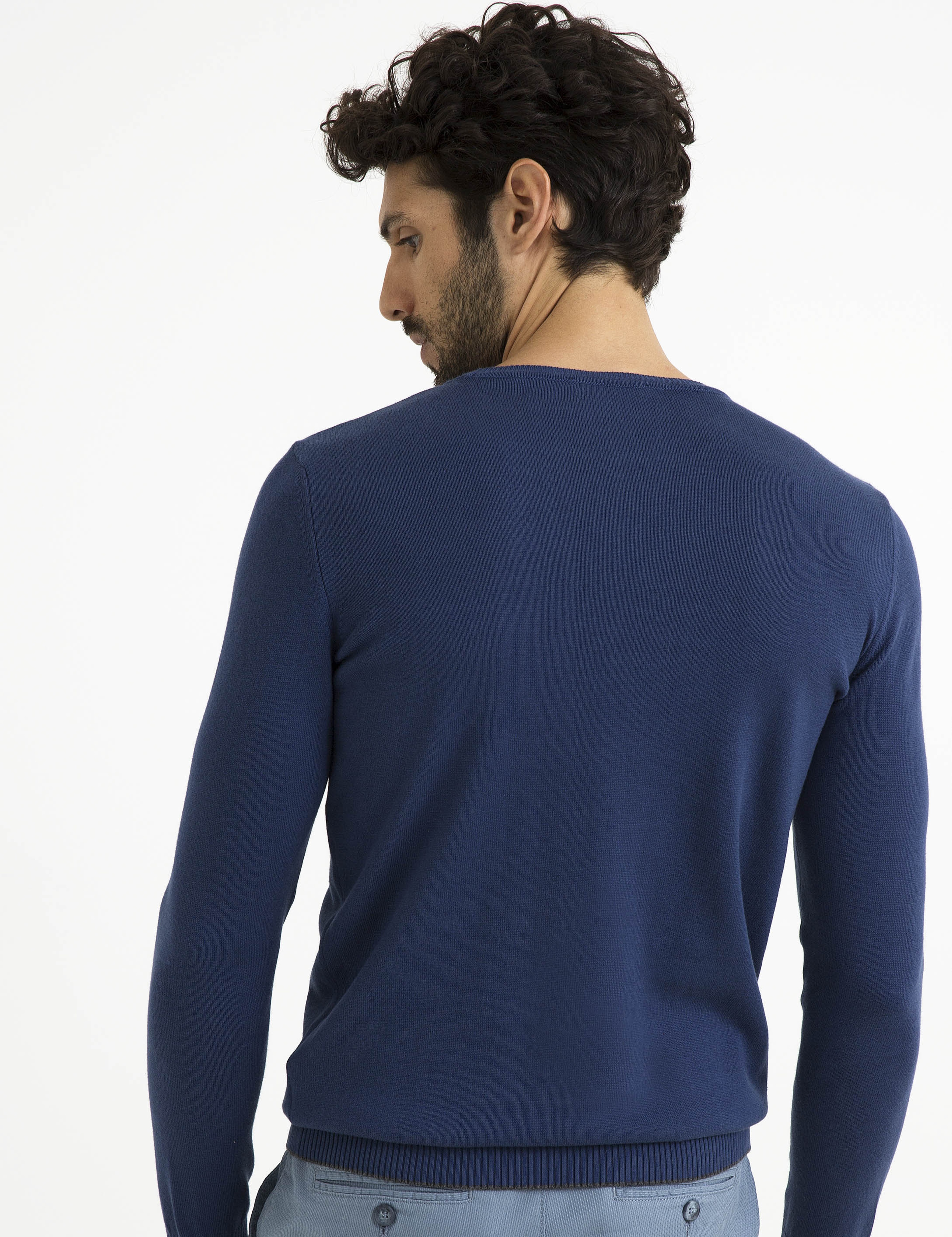 İndigo Mavi Slim Fit Bisiklet Yaka Basic Triko Kazak - Image 3