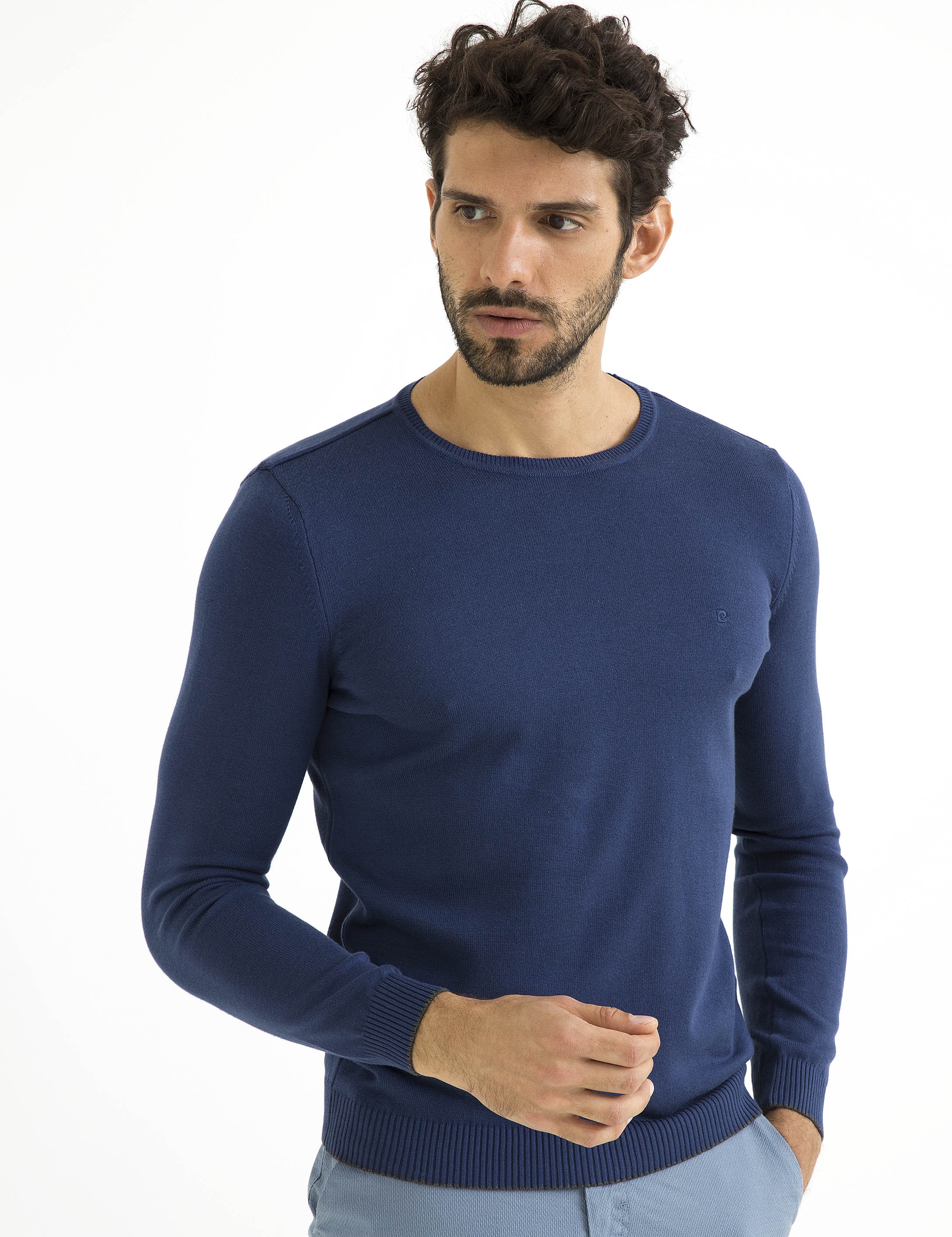 İndigo Mavi Slim Fit Bisiklet Yaka Basic Triko Kazak - Image 1