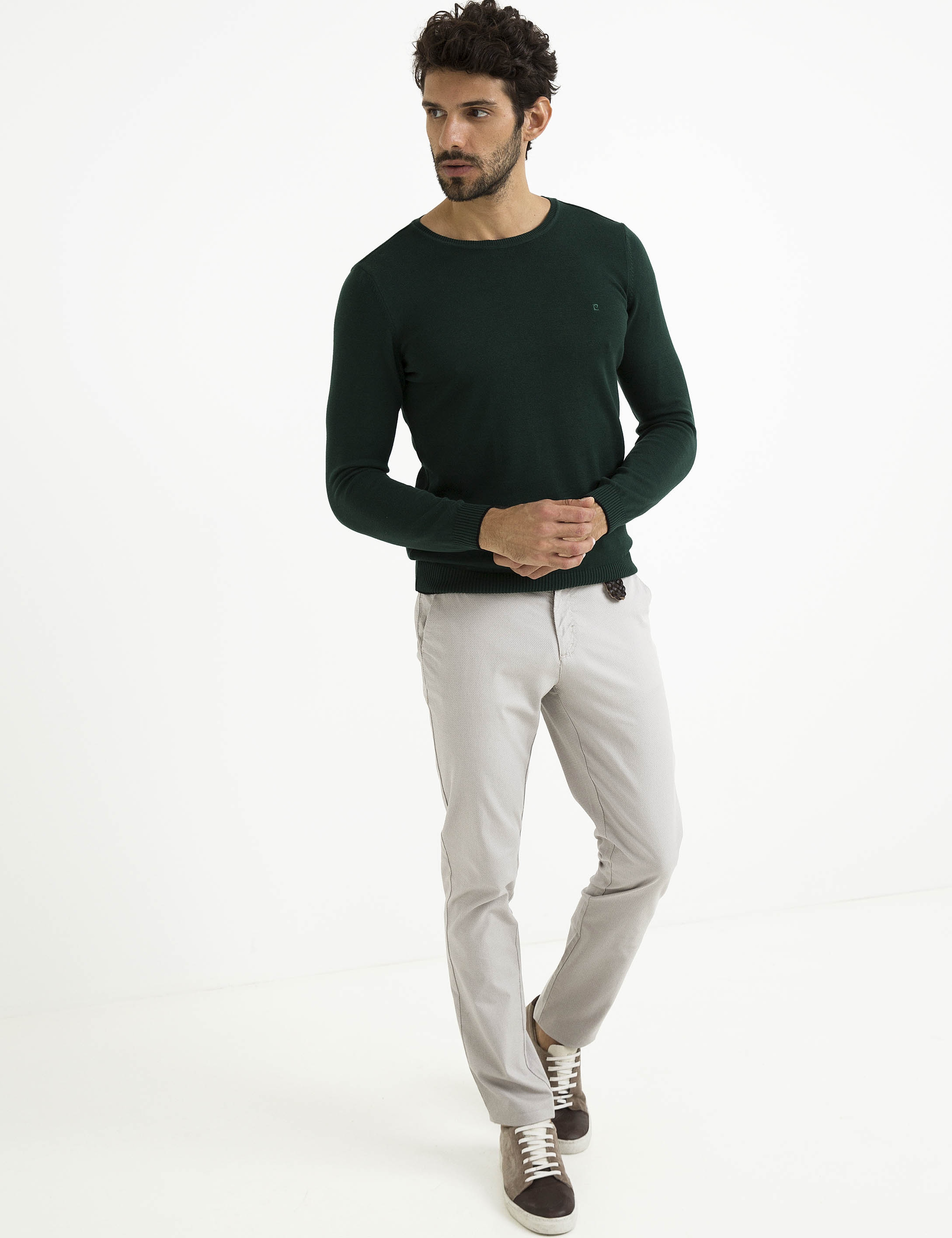 Yeşil Slim Fit Bisiklet Yaka Basic Triko Kazak