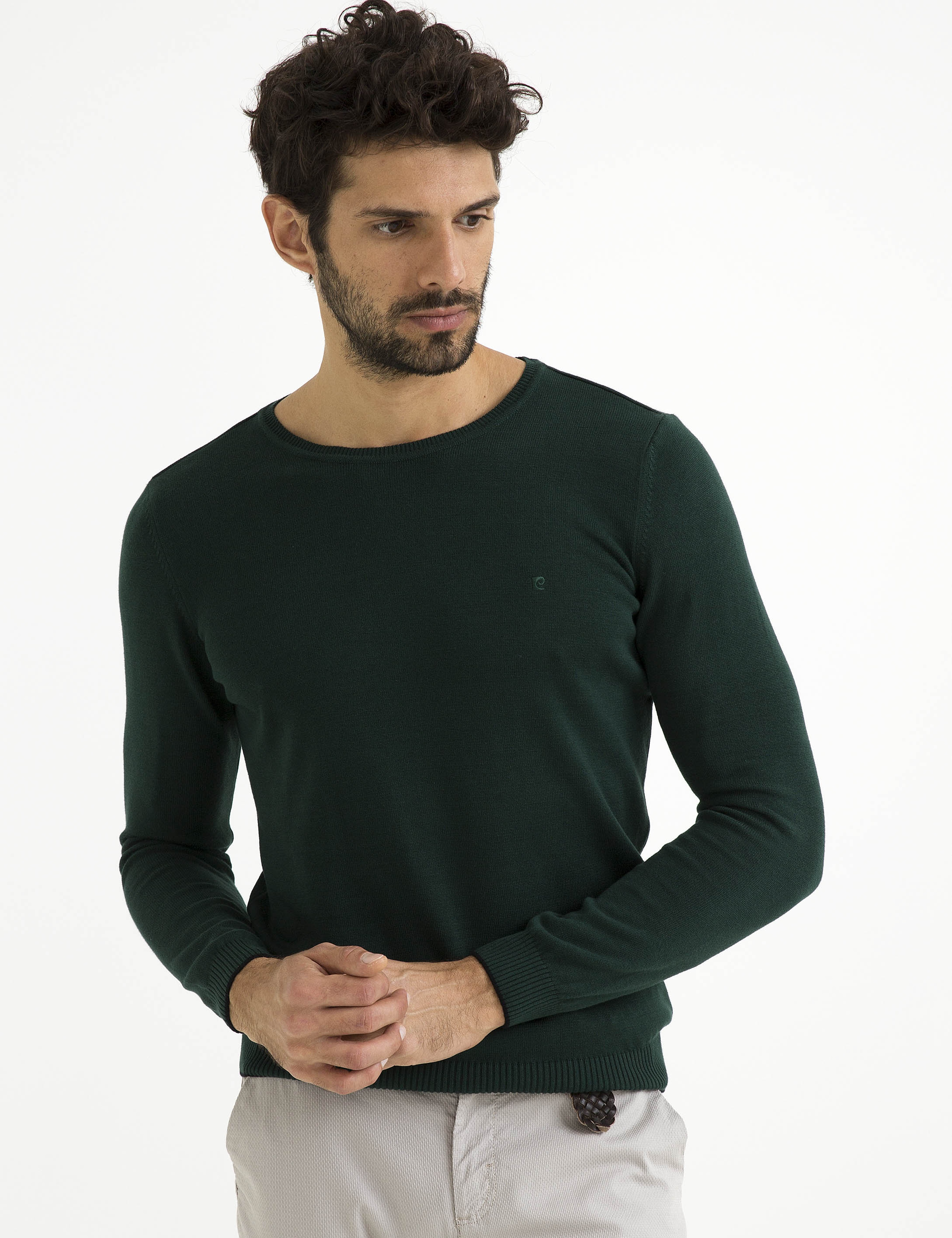 Yeşil Slim Fit Bisiklet Yaka Basic Triko Kazak - Image 1