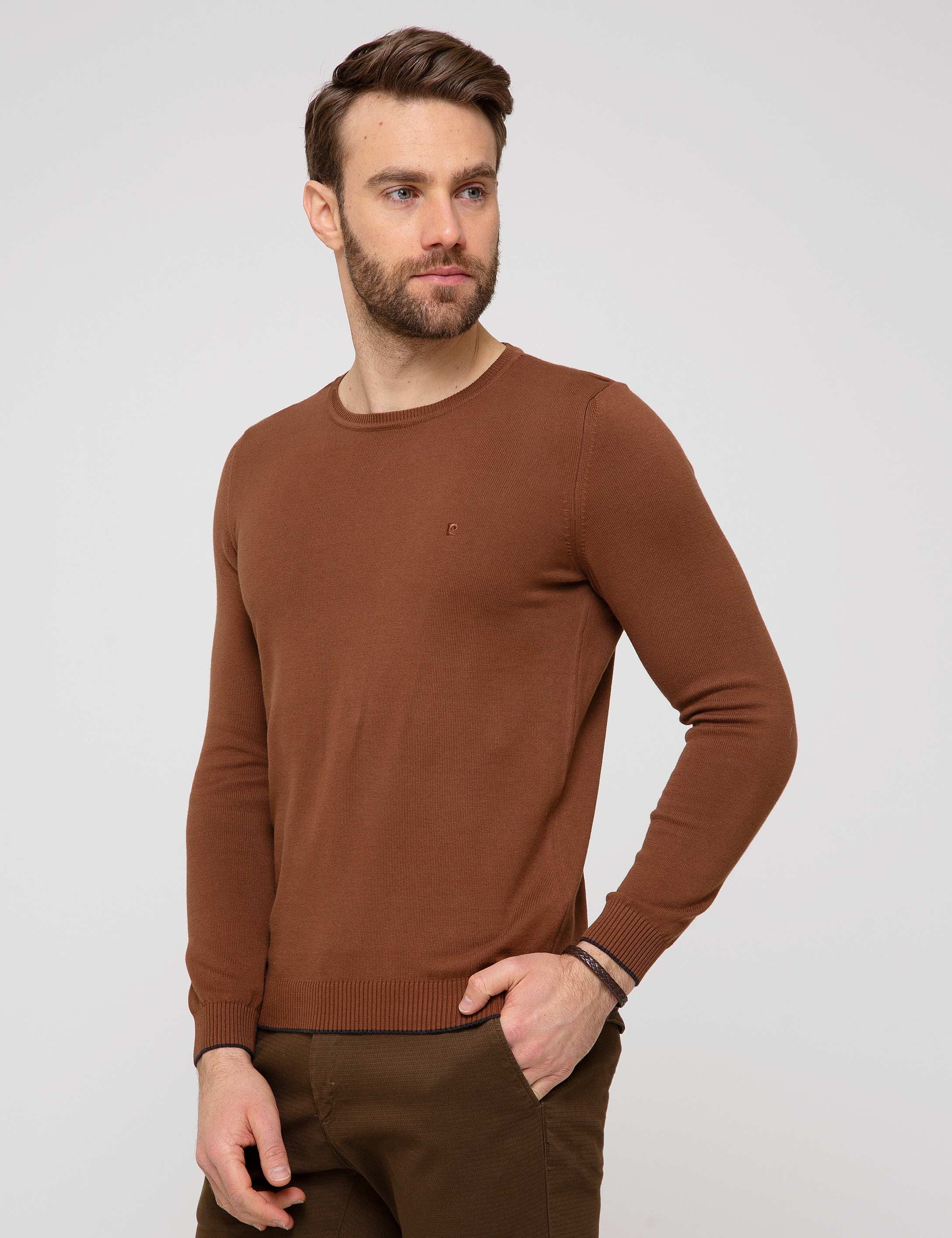 Turuncu Slim Fit Bisiklet Yaka Basic Triko Kazak - Image 2
