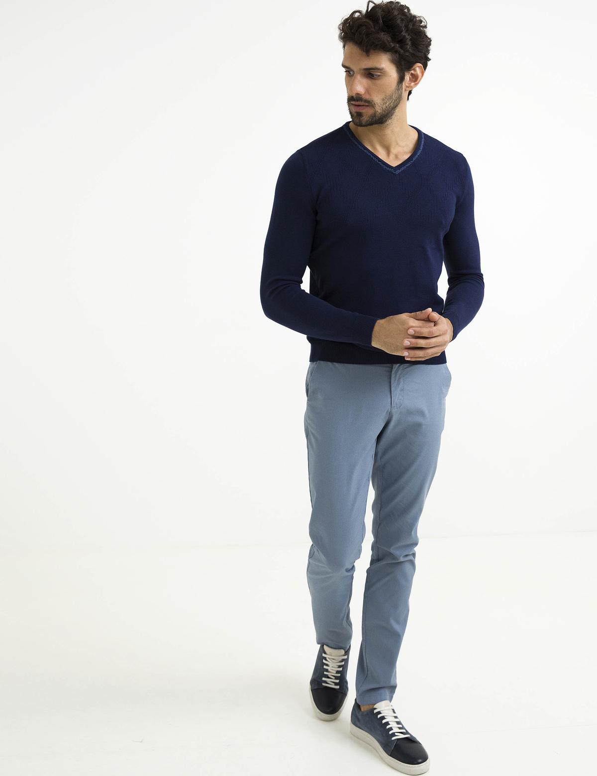 Lacivert Slim Fit V Yaka Triko Kazak - 50194465067