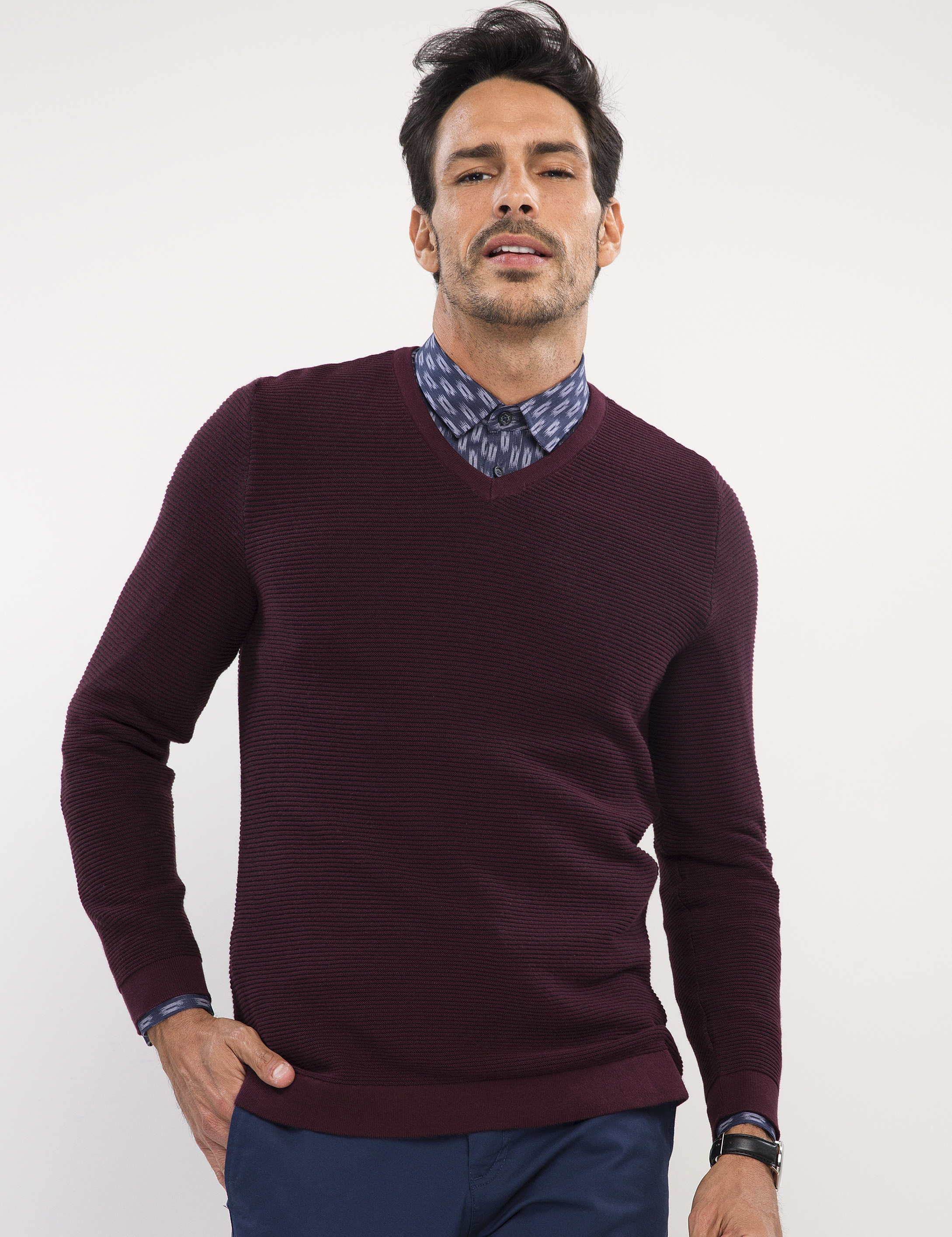 Bordo Slim Fit Bisiklet Yaka Triko Kazak