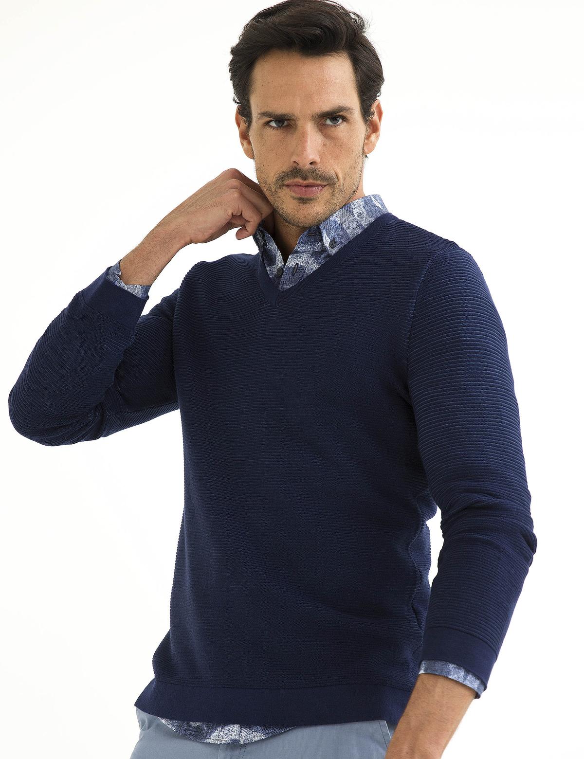 Lacivert Slim Fit Bisiklet Yaka Triko Kazak