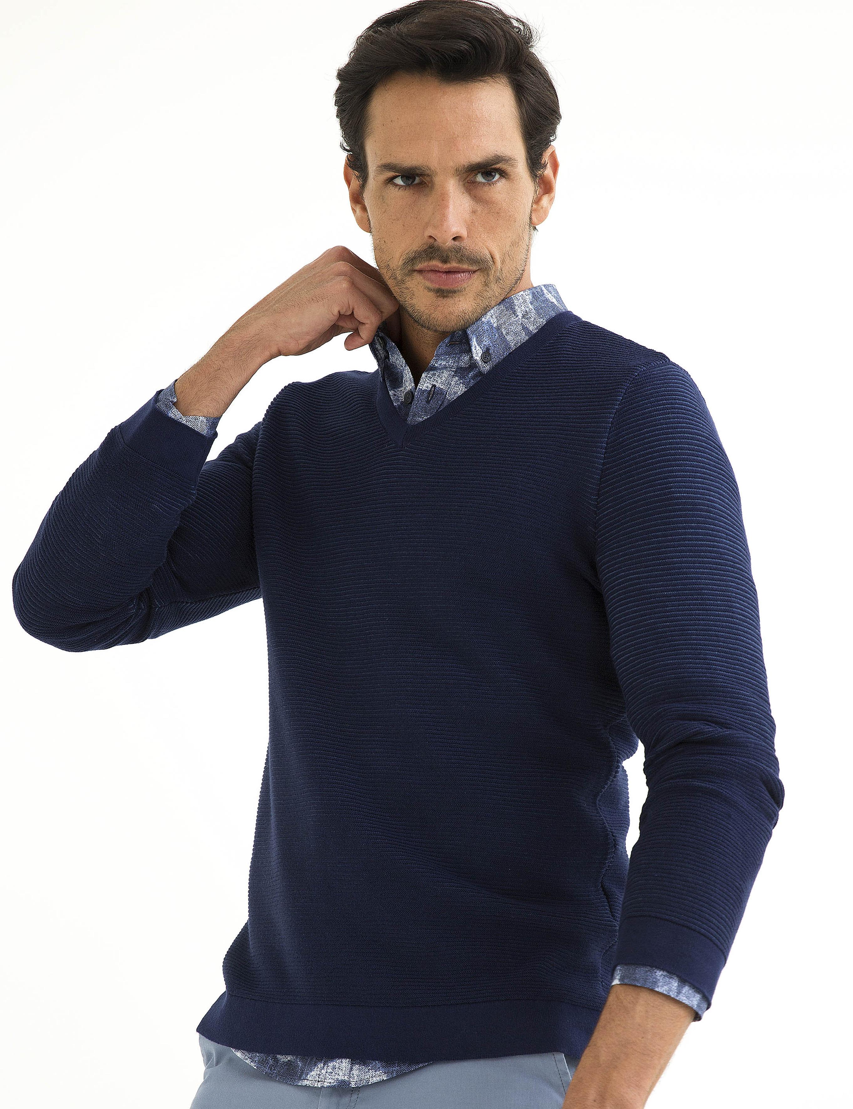 Lacivert Slim Fit Bisiklet Yaka Triko Kazak