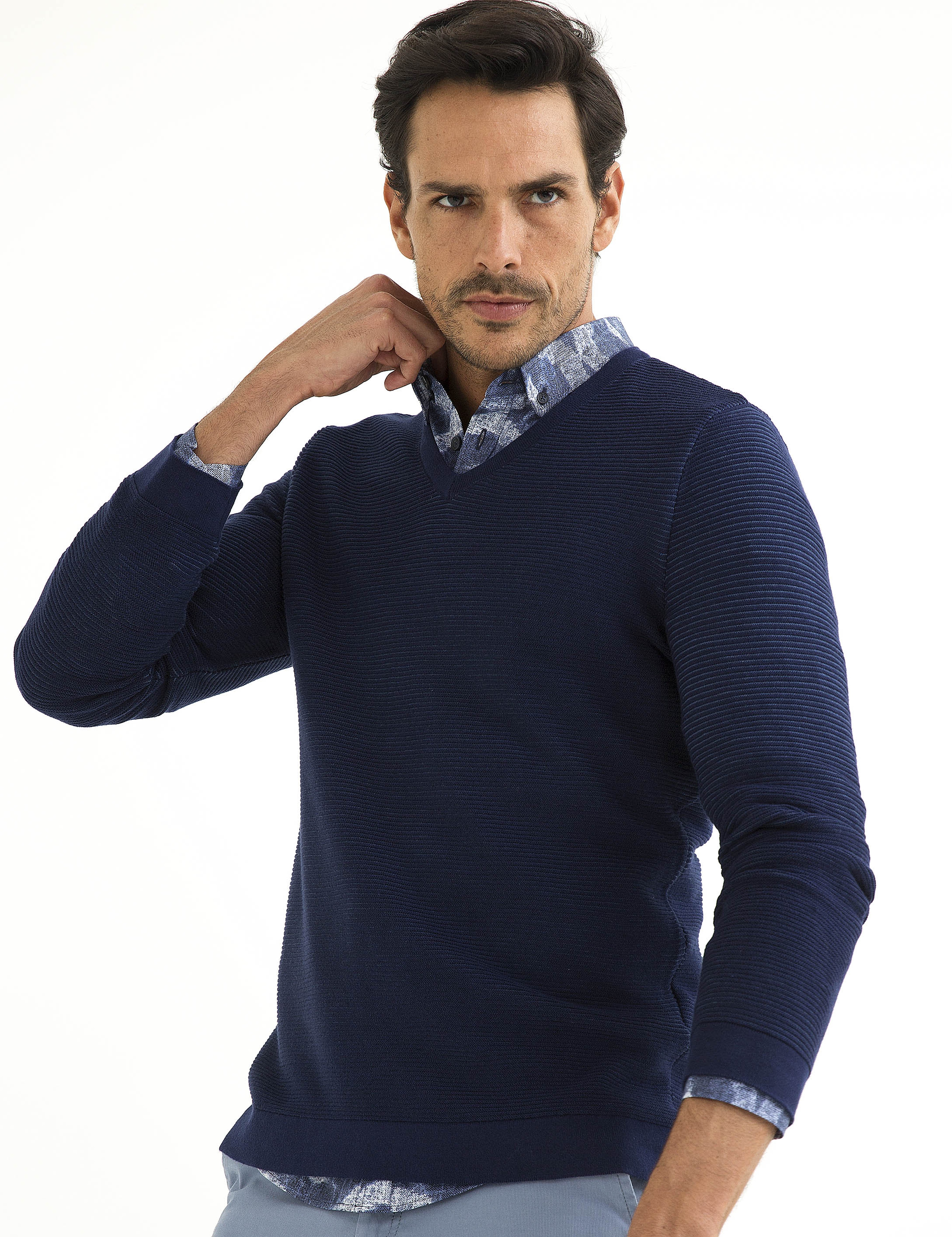 Lacivert Slim Fit Bisiklet Yaka Triko Kazak