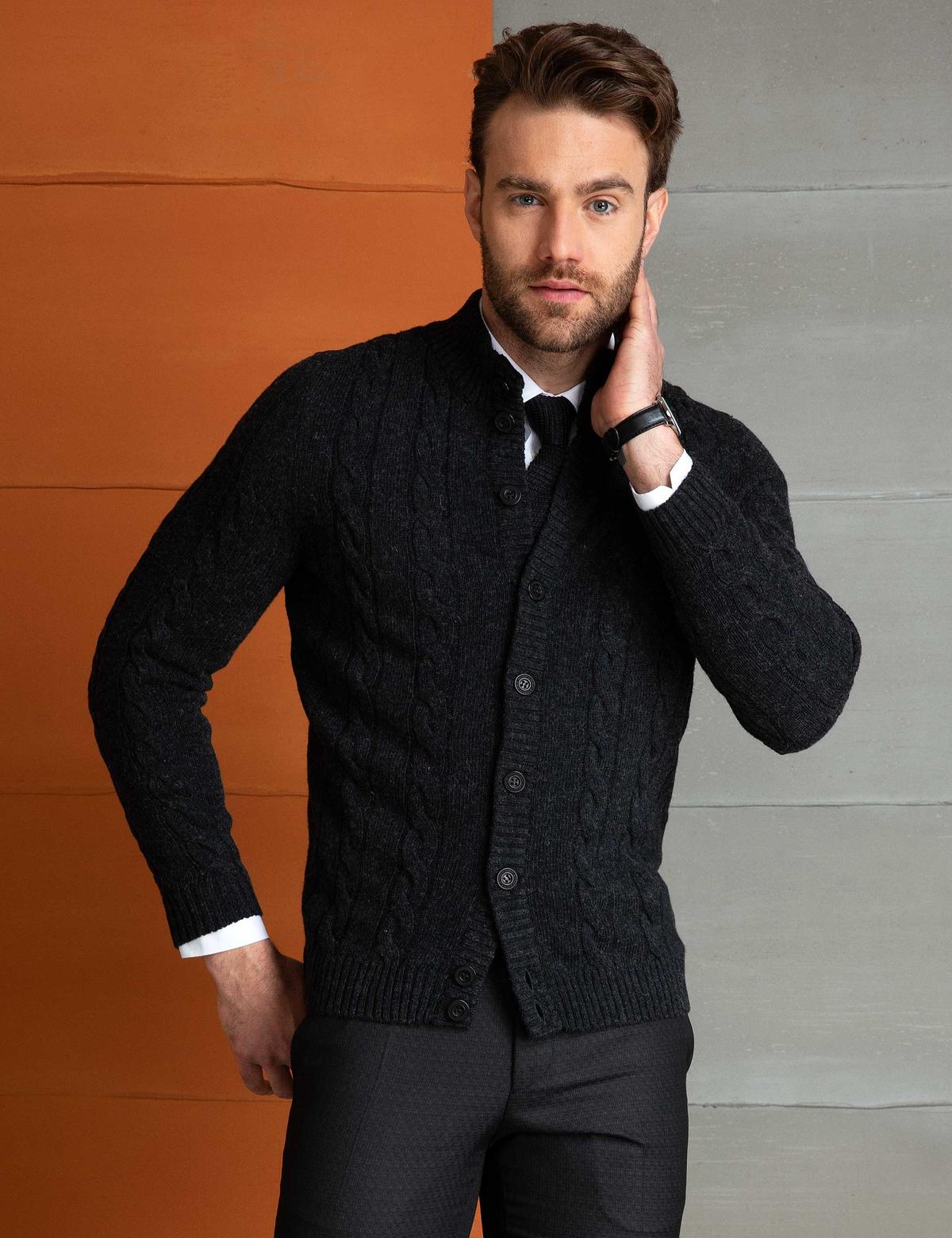 Antrasit Gri Slim Fit Triko Hırka