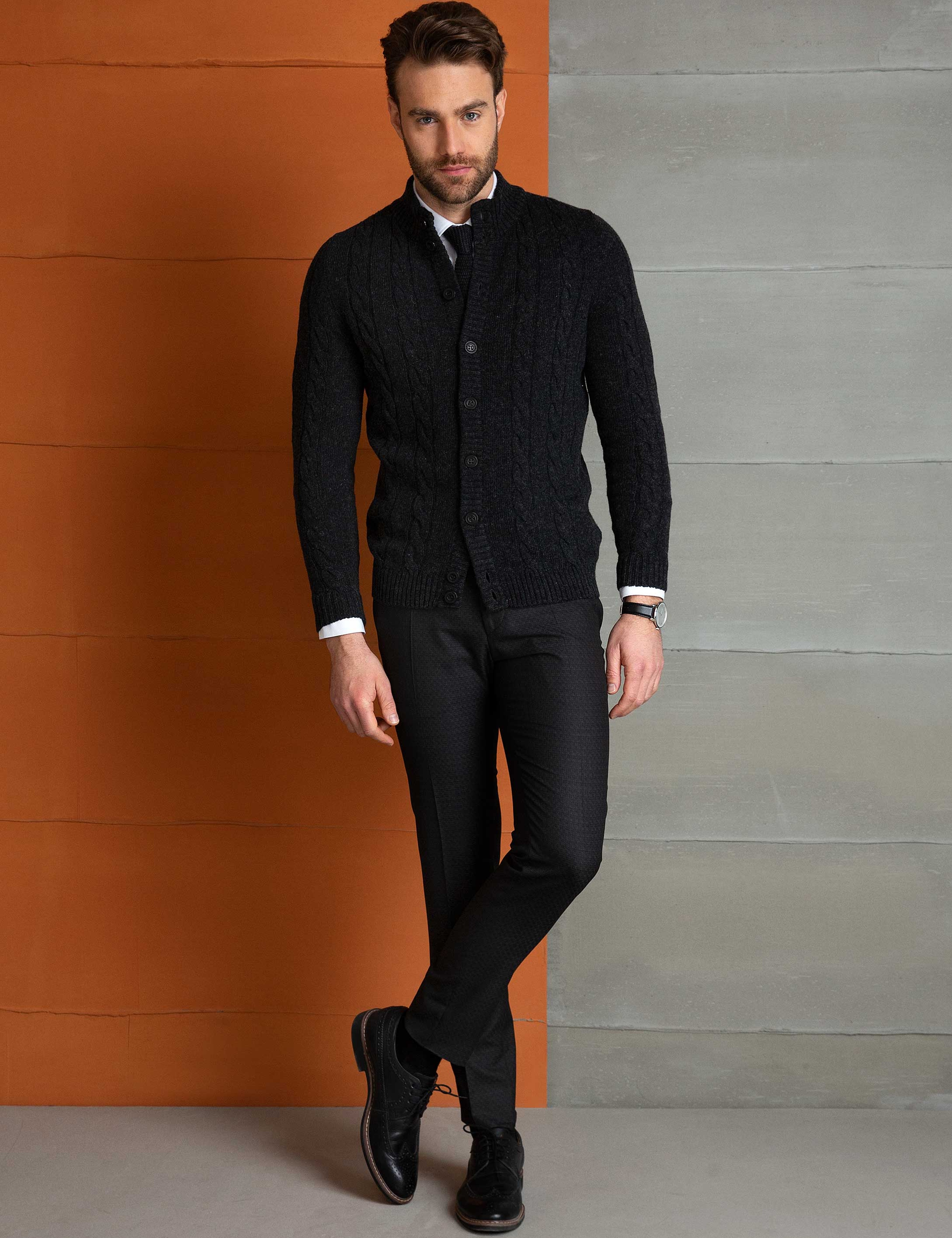Antrasit Gri Slim Fit Triko Hırka