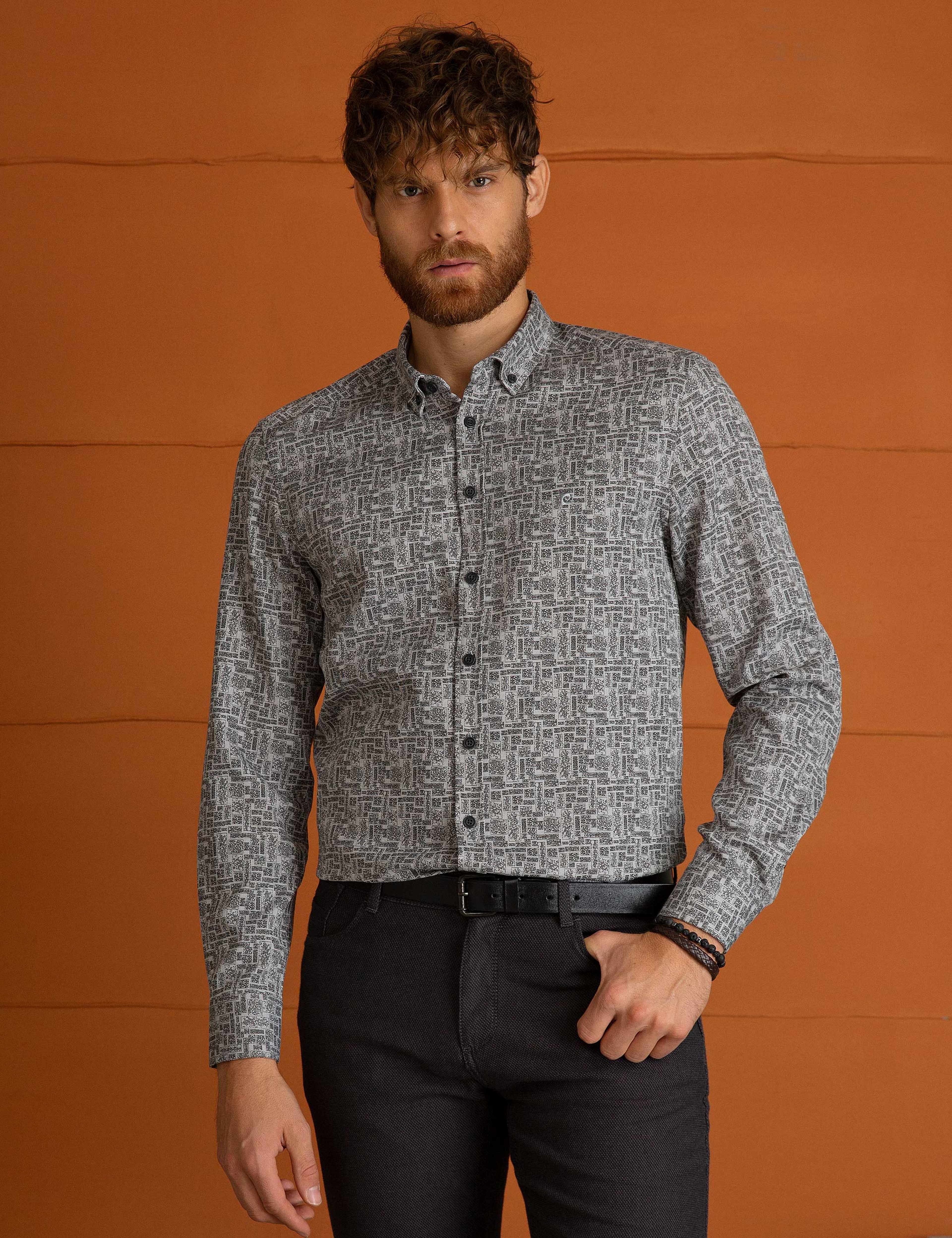 Gri Slim Fit Gömlek - Image 2