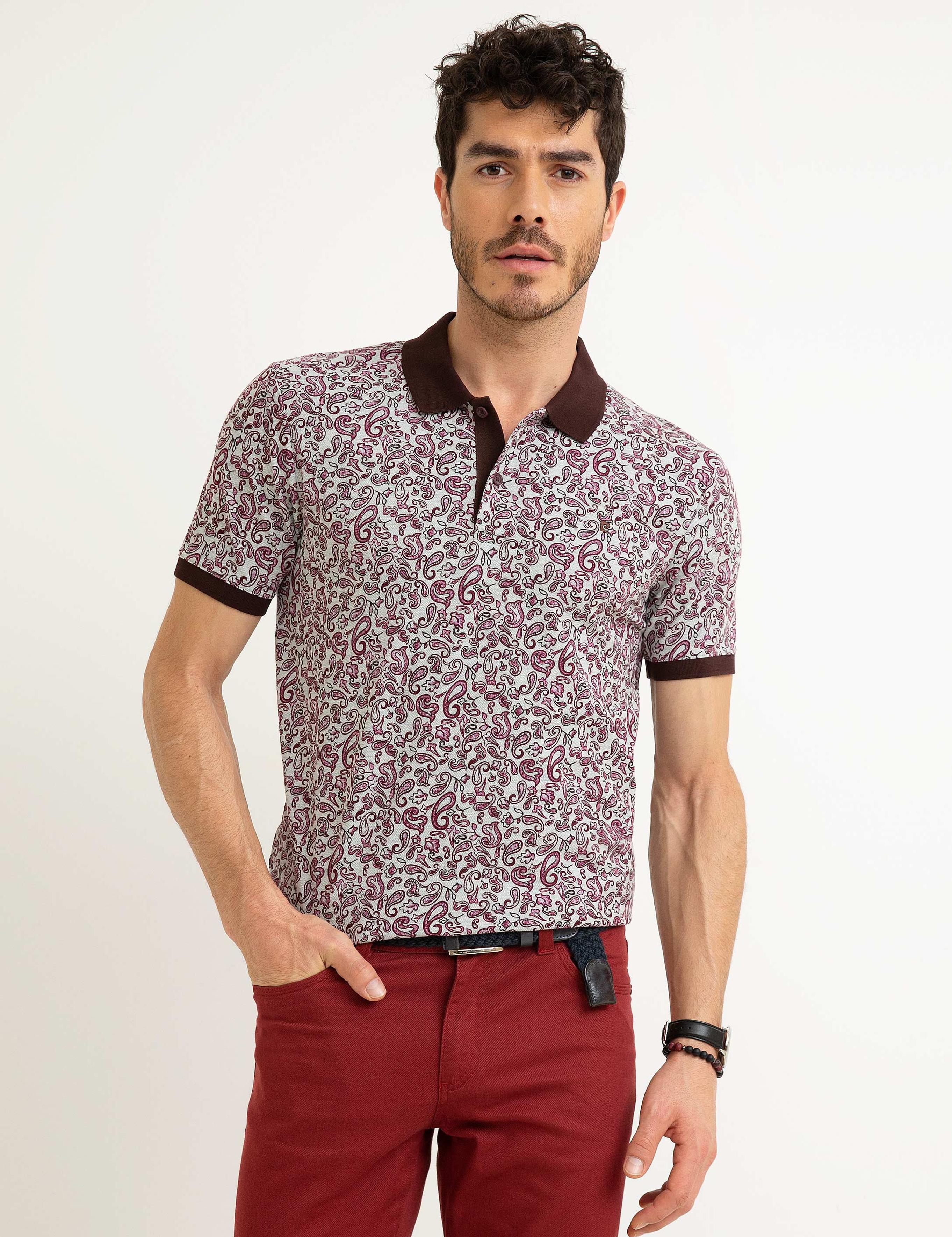Bordo Slim Fit Baskılı Polo Yaka Tişört