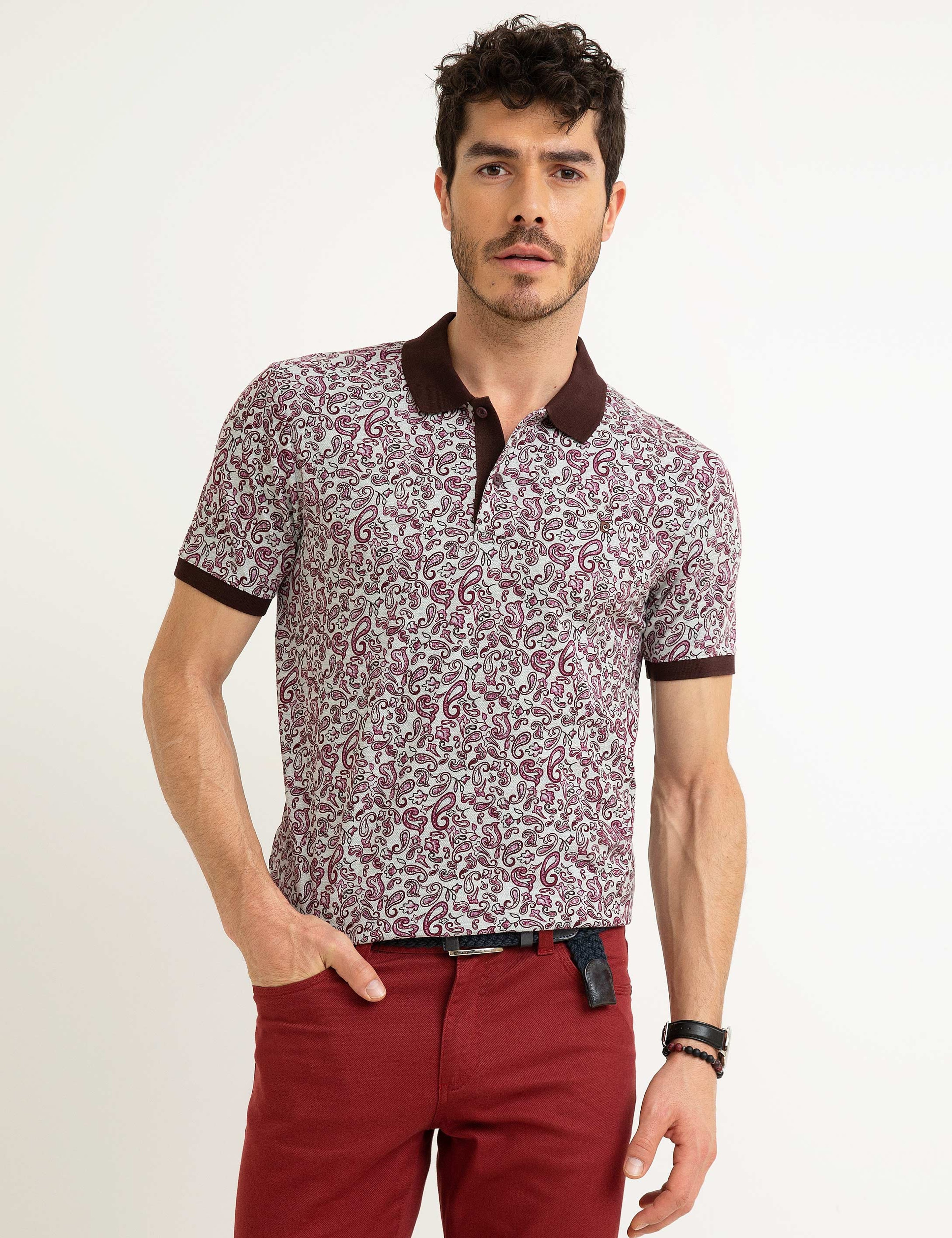 Bordo Slim Fit Baskılı Polo Yaka Tişört - Image 2