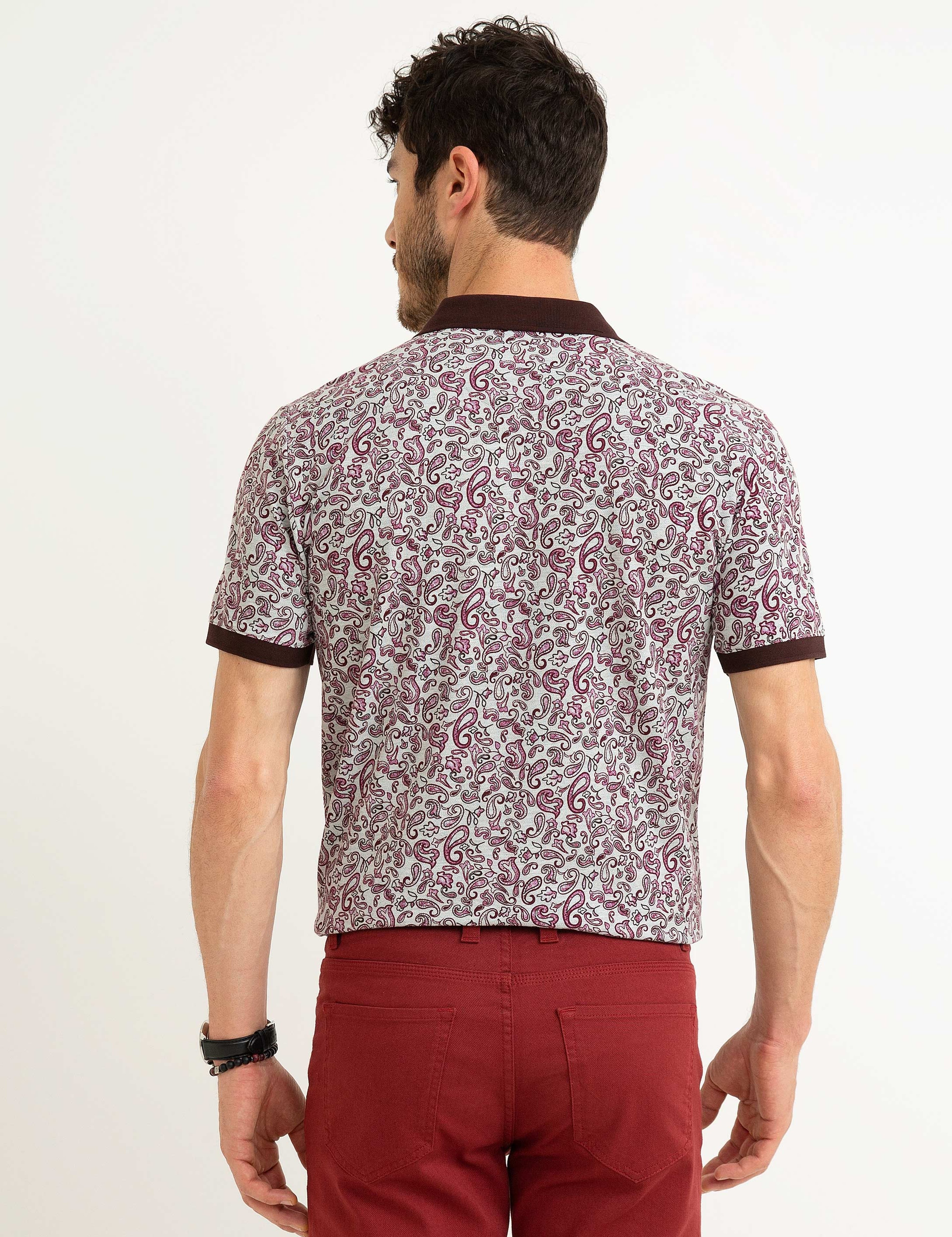 Bordo Slim Fit Baskılı Polo Yaka Tişört - Image 3