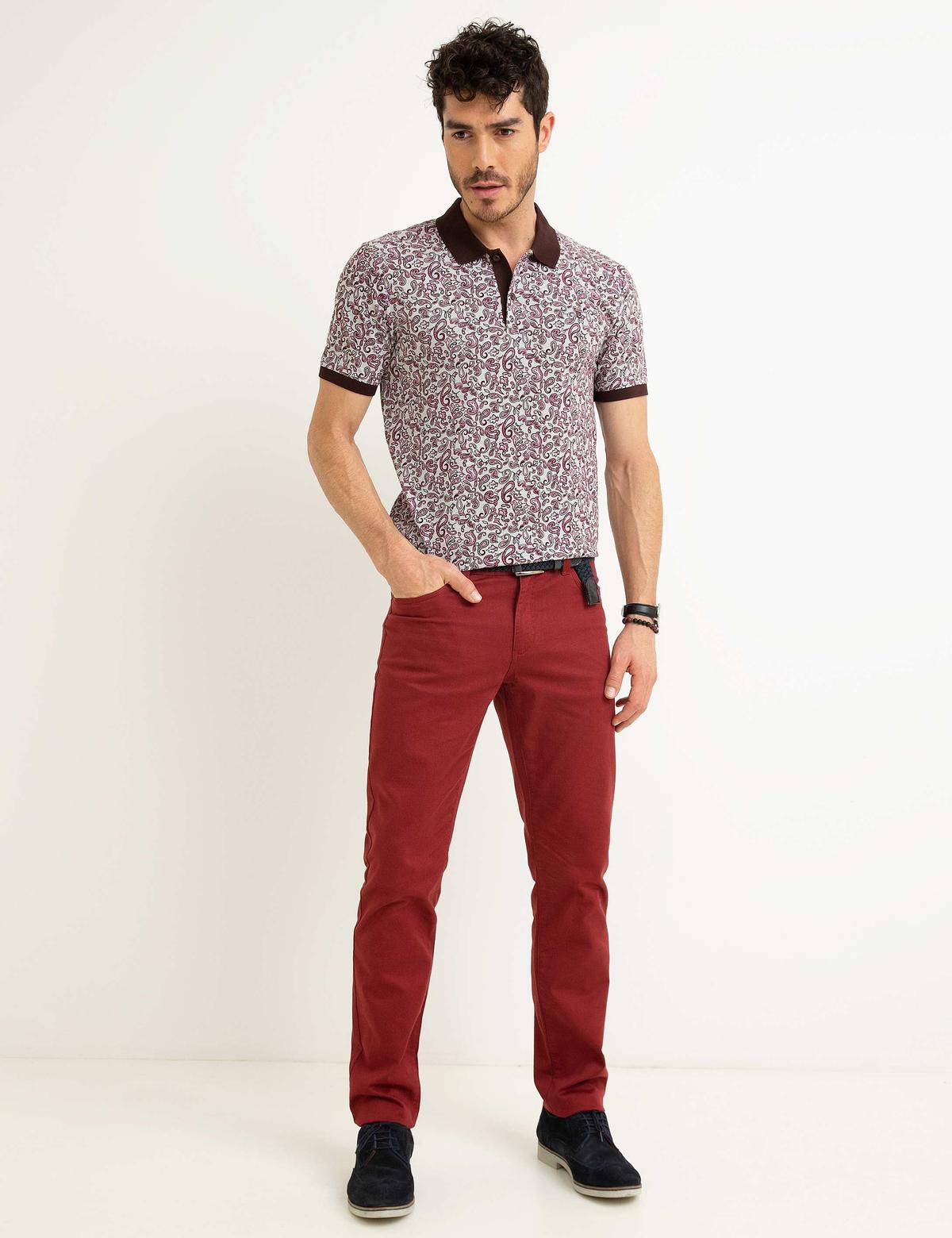 Bordo Slim Fit Baskılı Polo Yaka Tişört