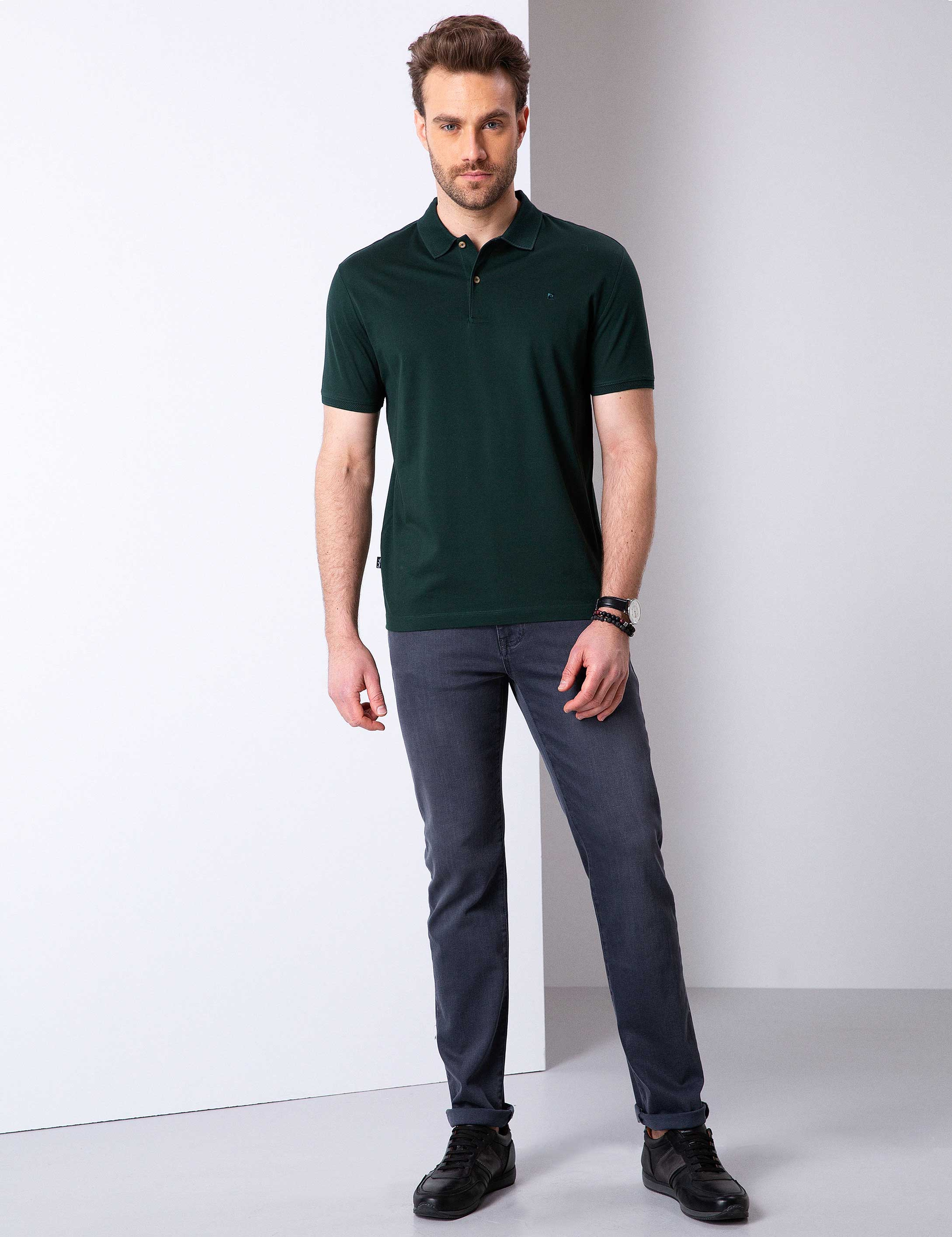 Koyu Yeşil Slim Fit Basic Polo Yaka T-Shirt - Image 3