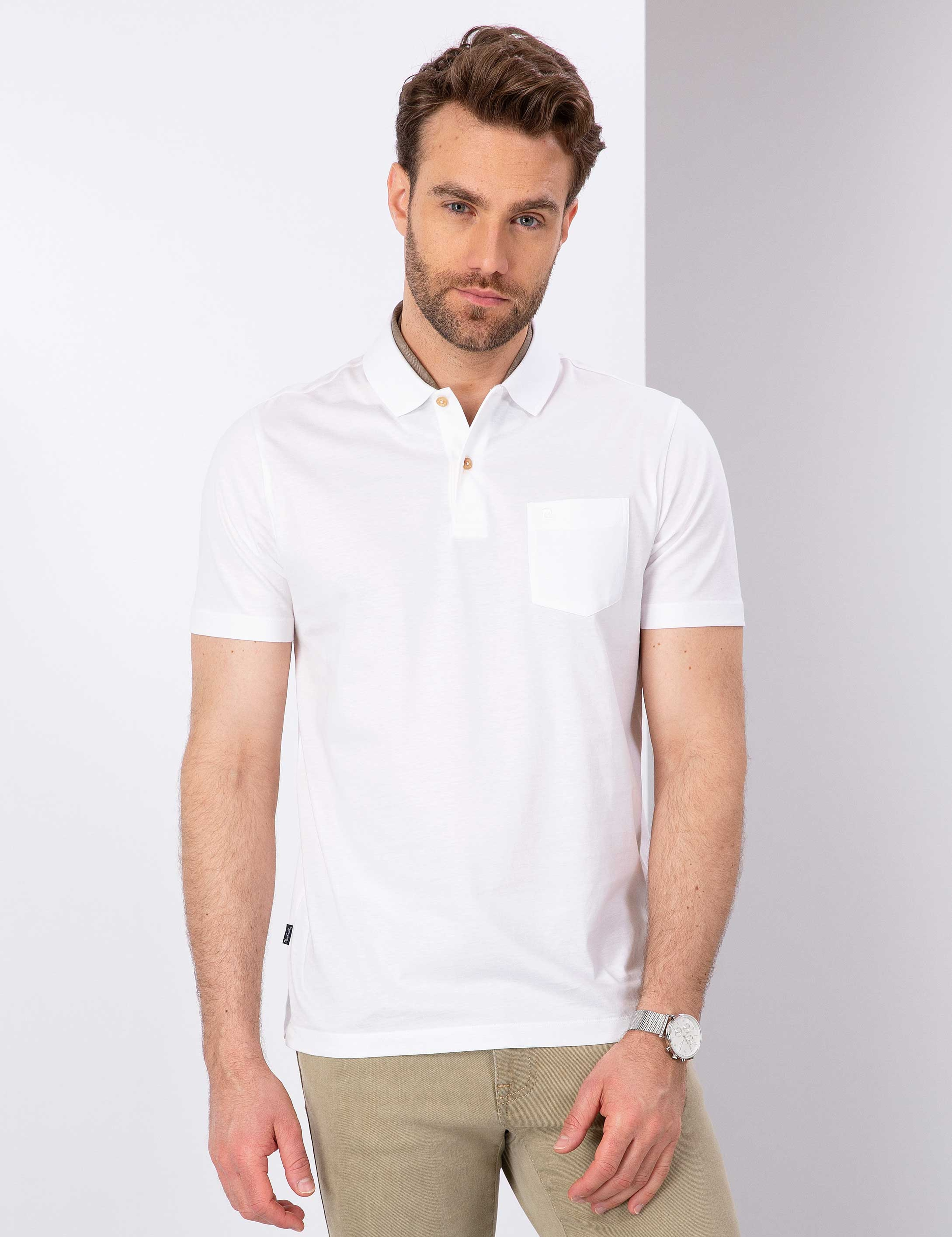 Beyaz Regular Fit Polo Yaka Merserize Tişört - Image 1