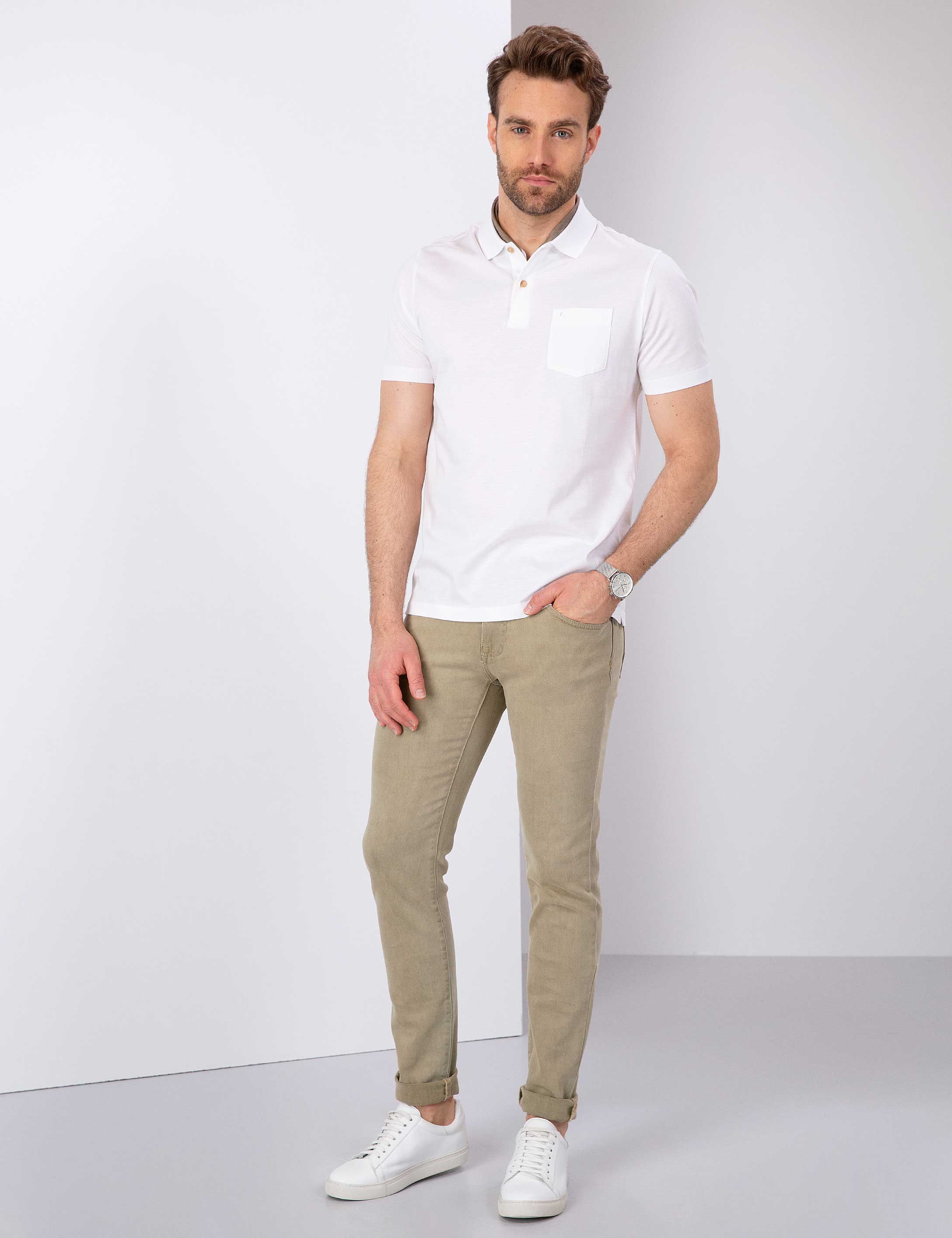 Beyaz Regular Fit Polo Yaka Merserize Tişört