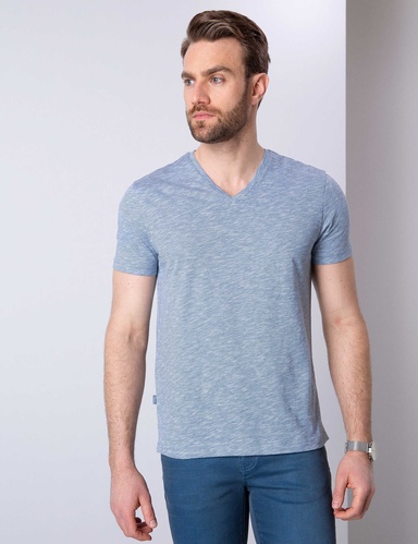 Mavi Slim Fit V Yaka Tişört