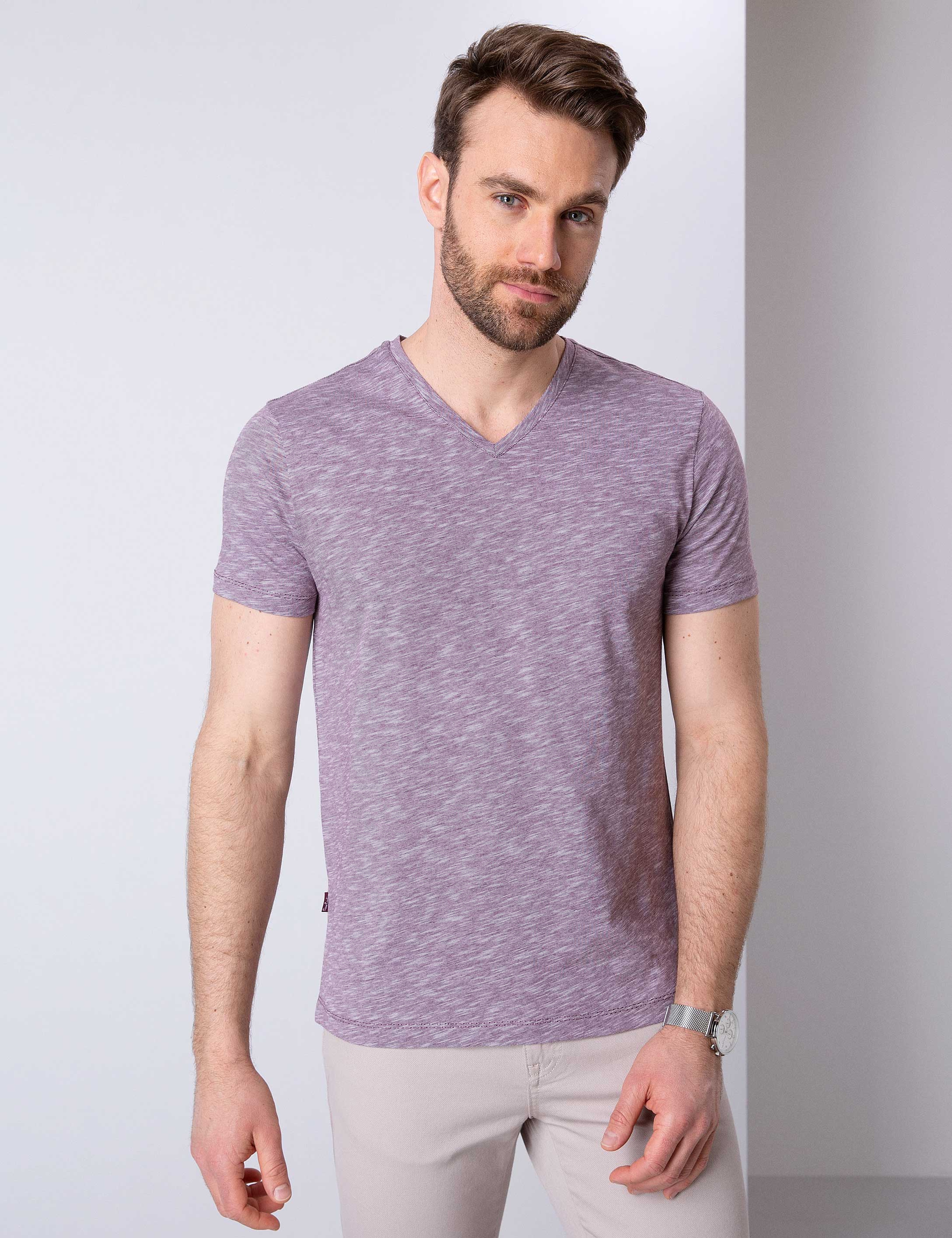 Bordo Slim Fit V Yaka Tişört