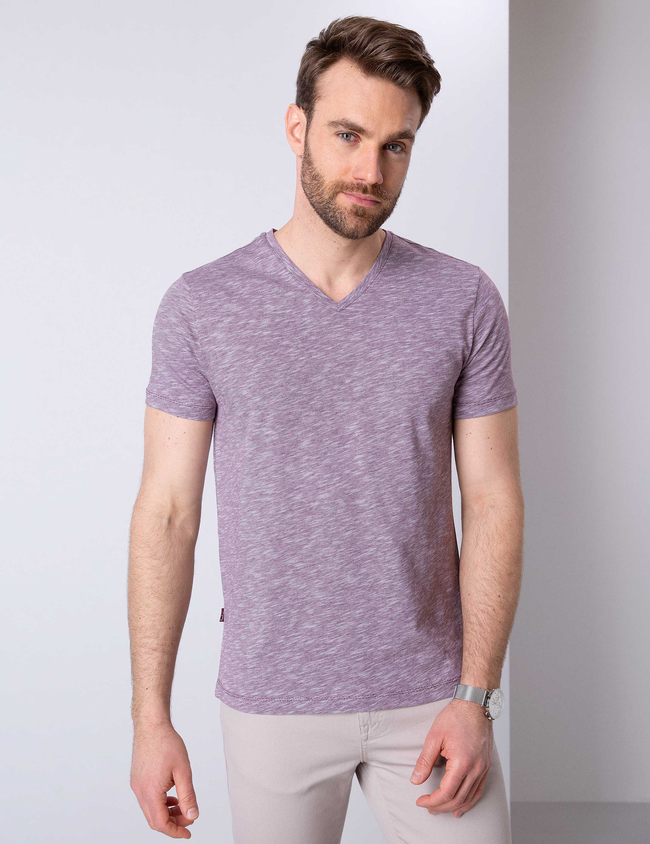 Bordo Slim Fit V Yaka Tişört