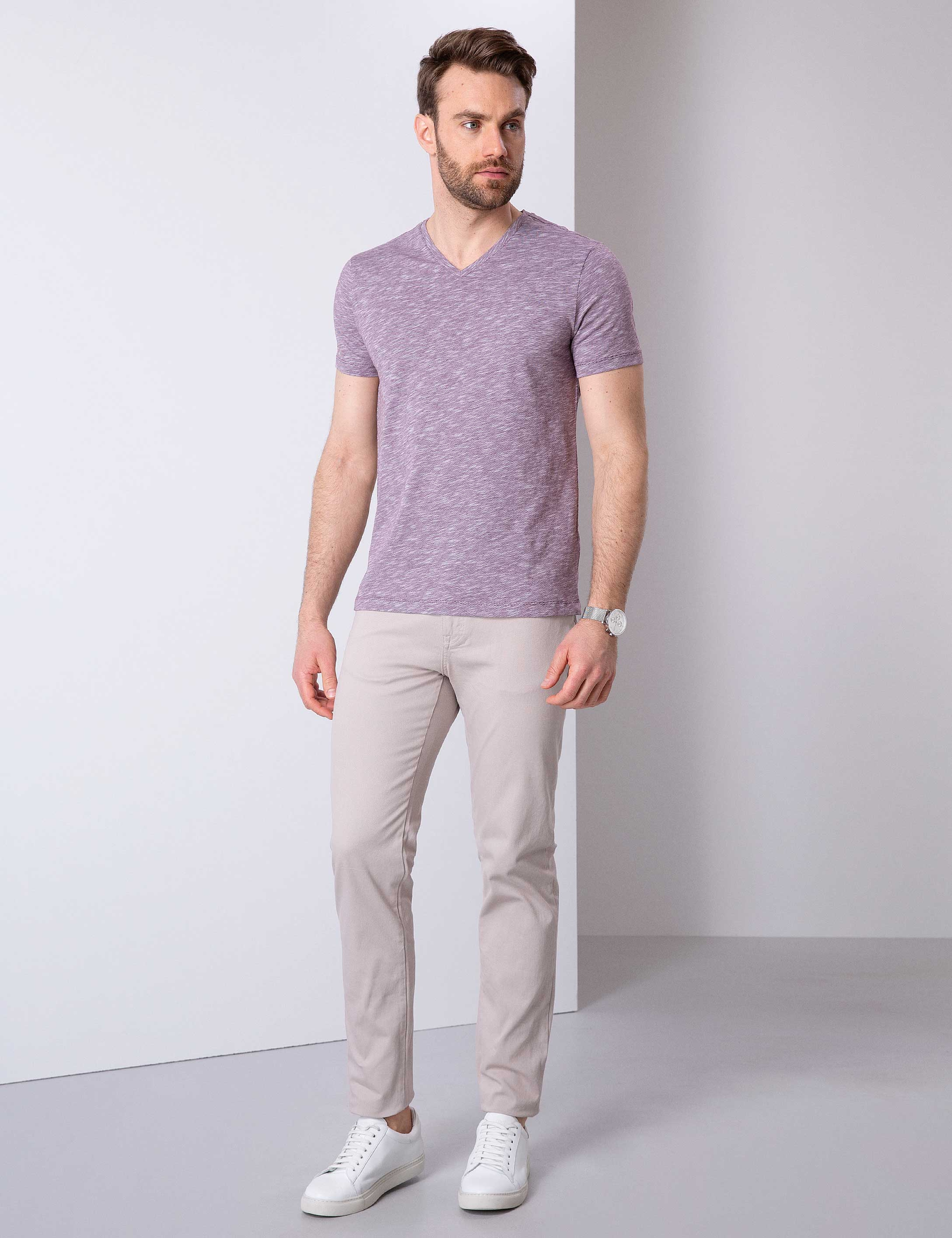 Bordo Slim Fit V Yaka Tişört
