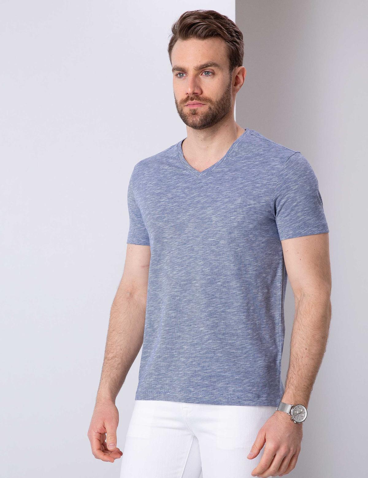 Lacivert Slim Fit V Yaka Tişört