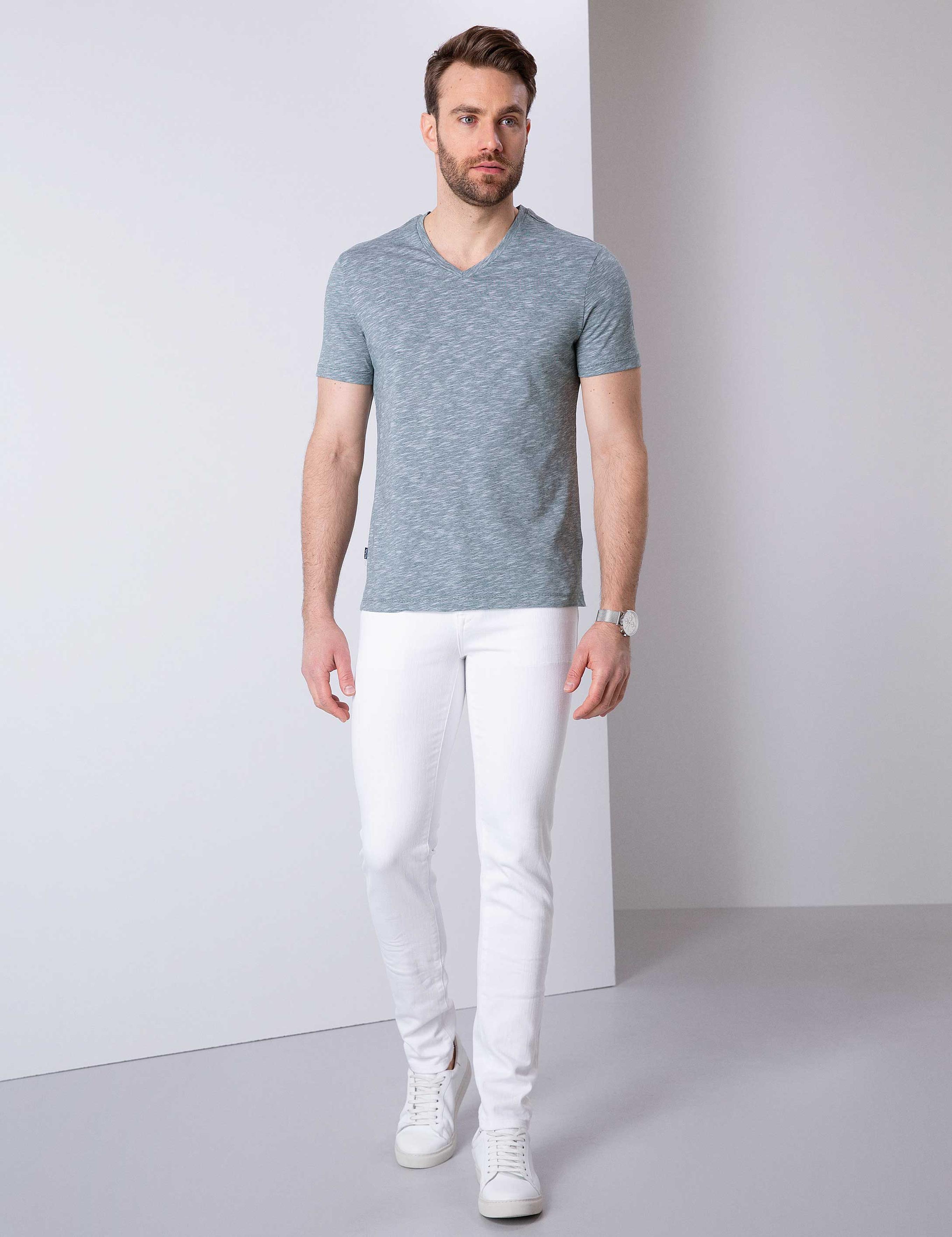 Koyu Yeşil Slim Fit V Yaka Tişört