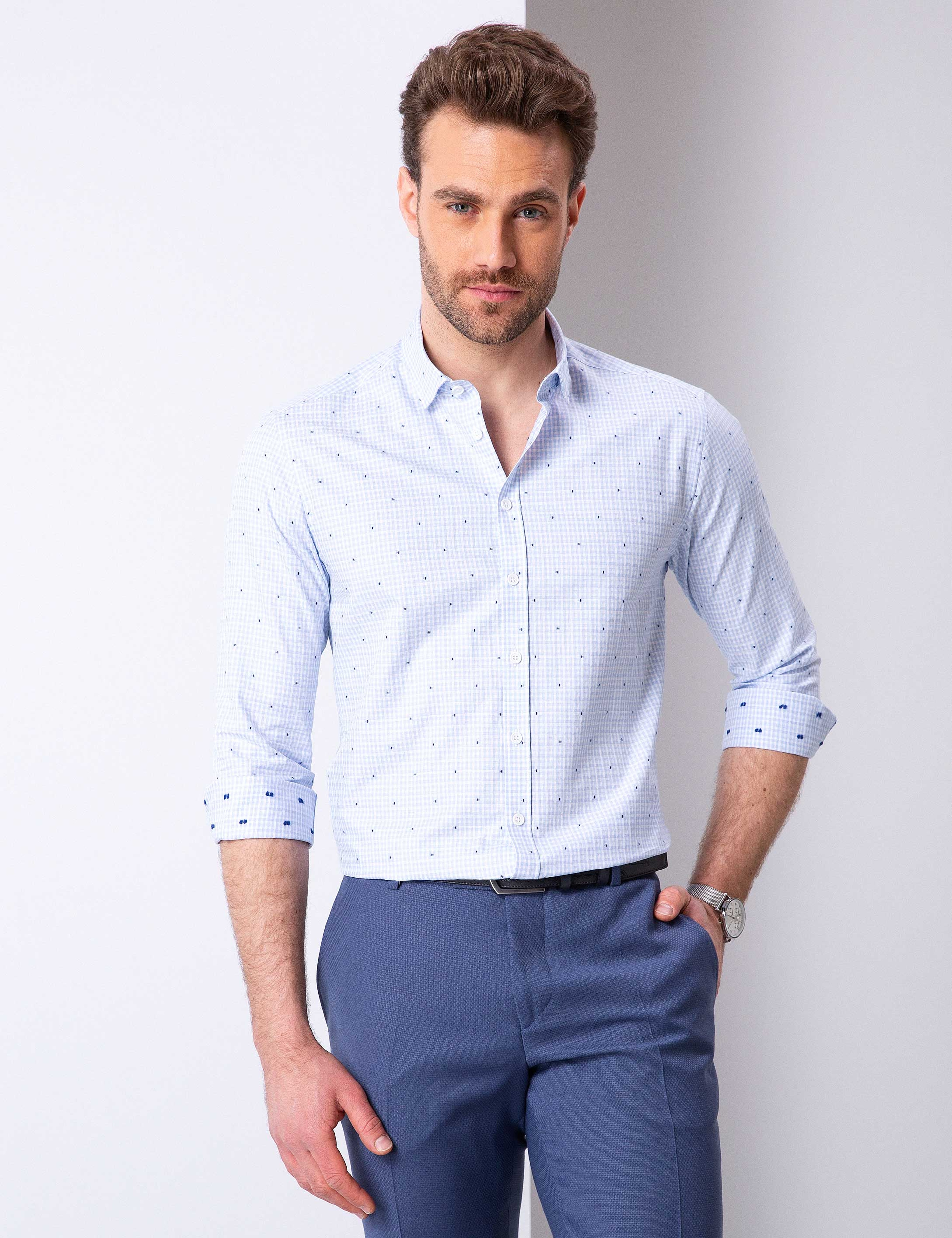 Açık Mavi Slim Fit Uzun Kollu Gömlek - Image 1