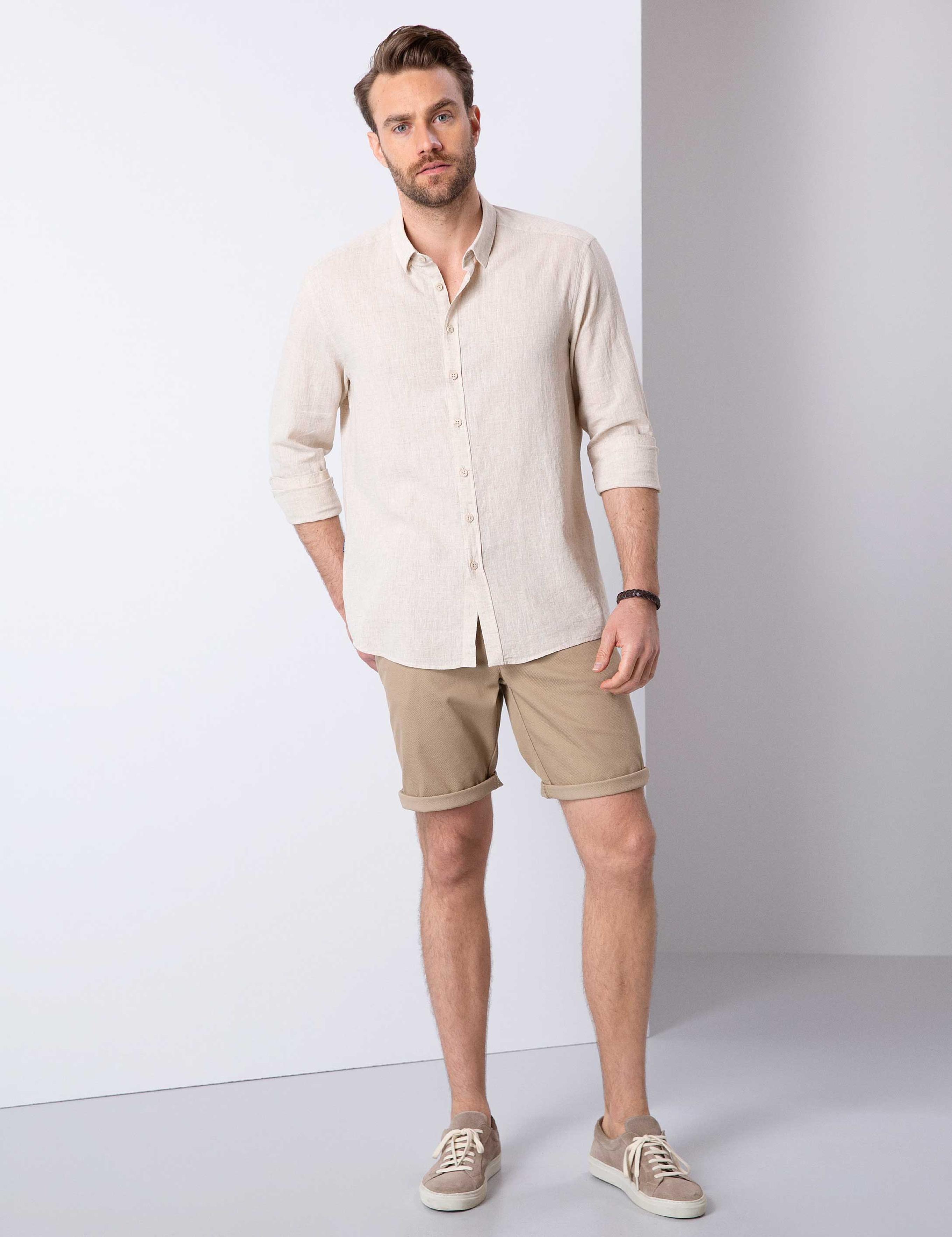 Bej Regular Fit Keten Karışımlı Gömlek