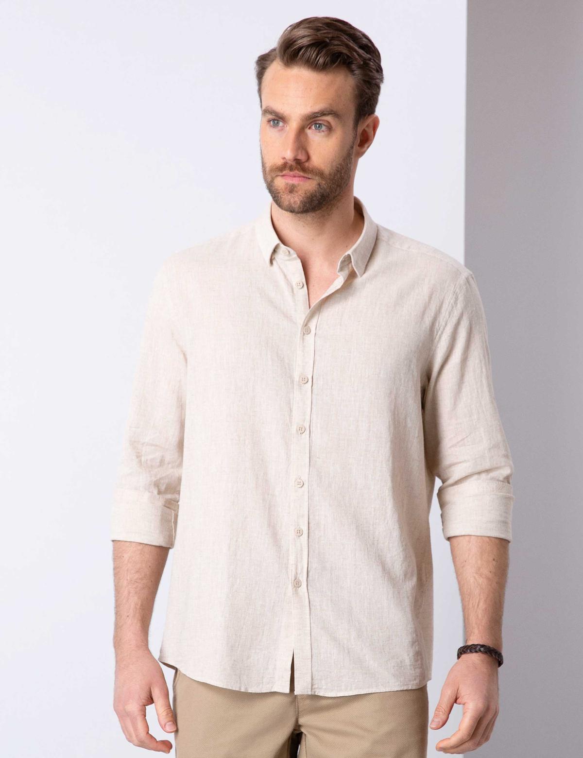 Bej Regular Fit Keten Karışımlı Gömlek
