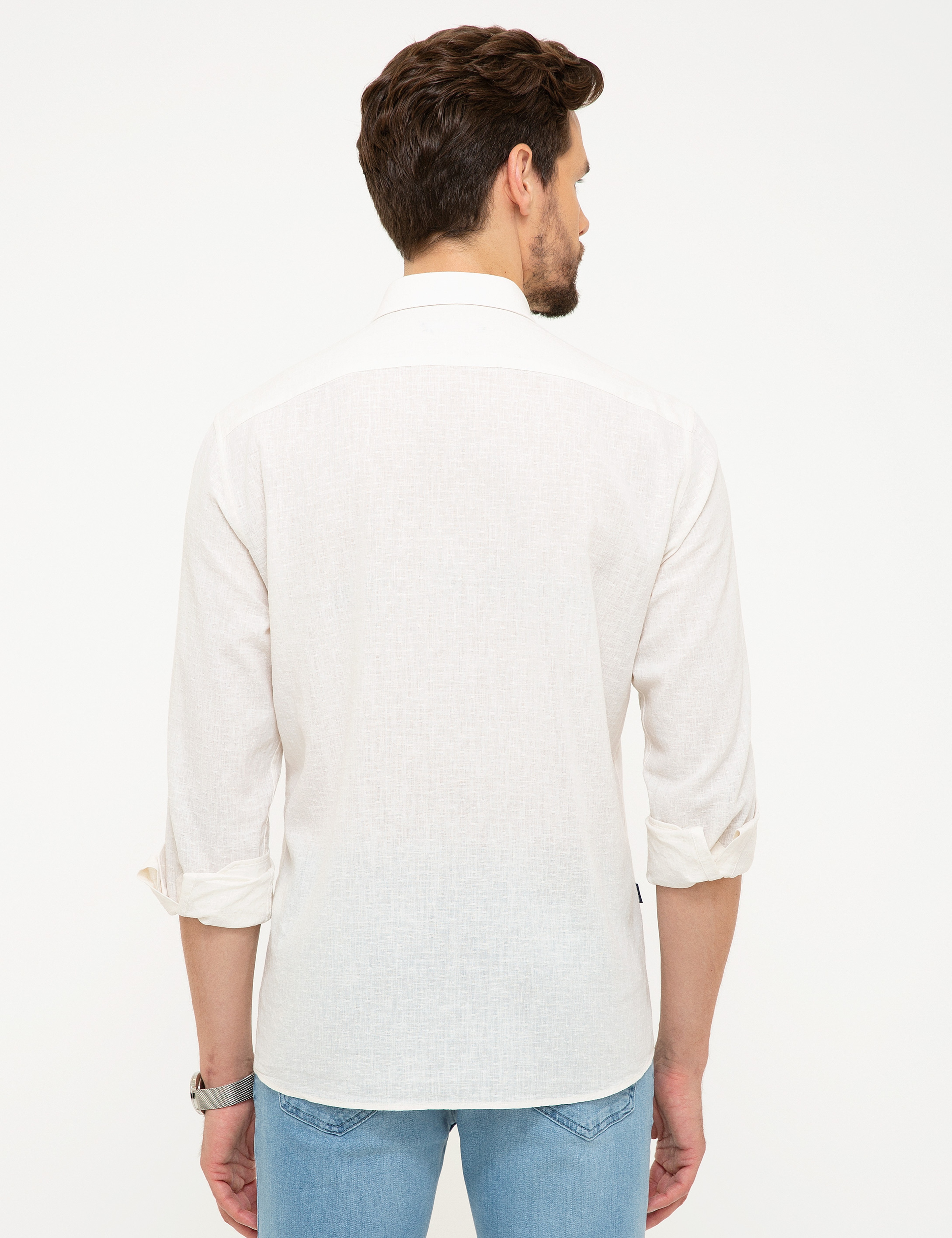 Beyaz Regular Fit Keten Karışımlı Gömlek - Image 3