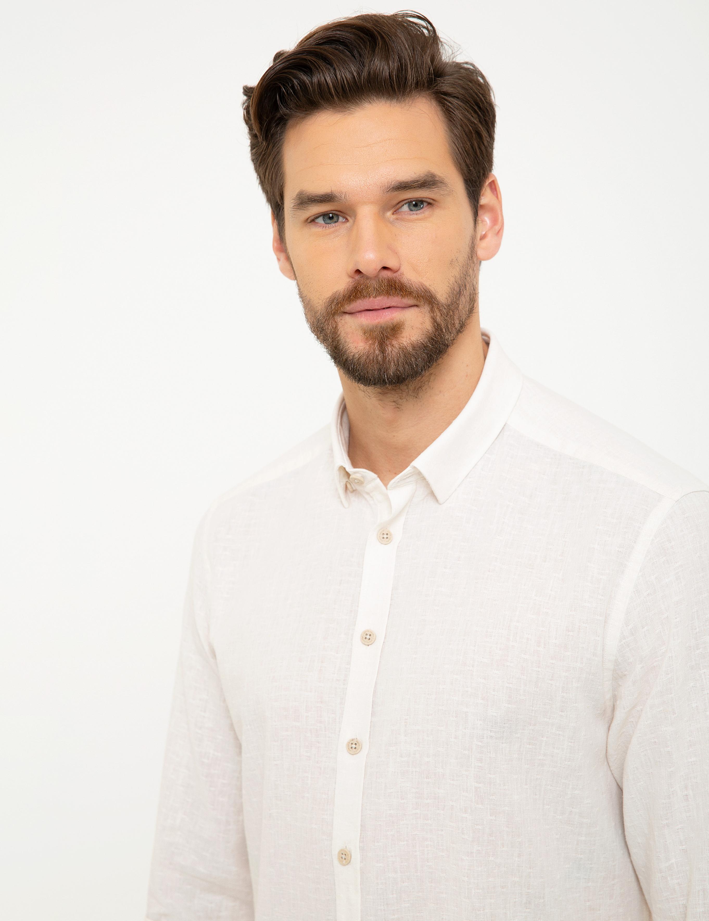 Beyaz Regular Fit Keten Karışımlı Gömlek