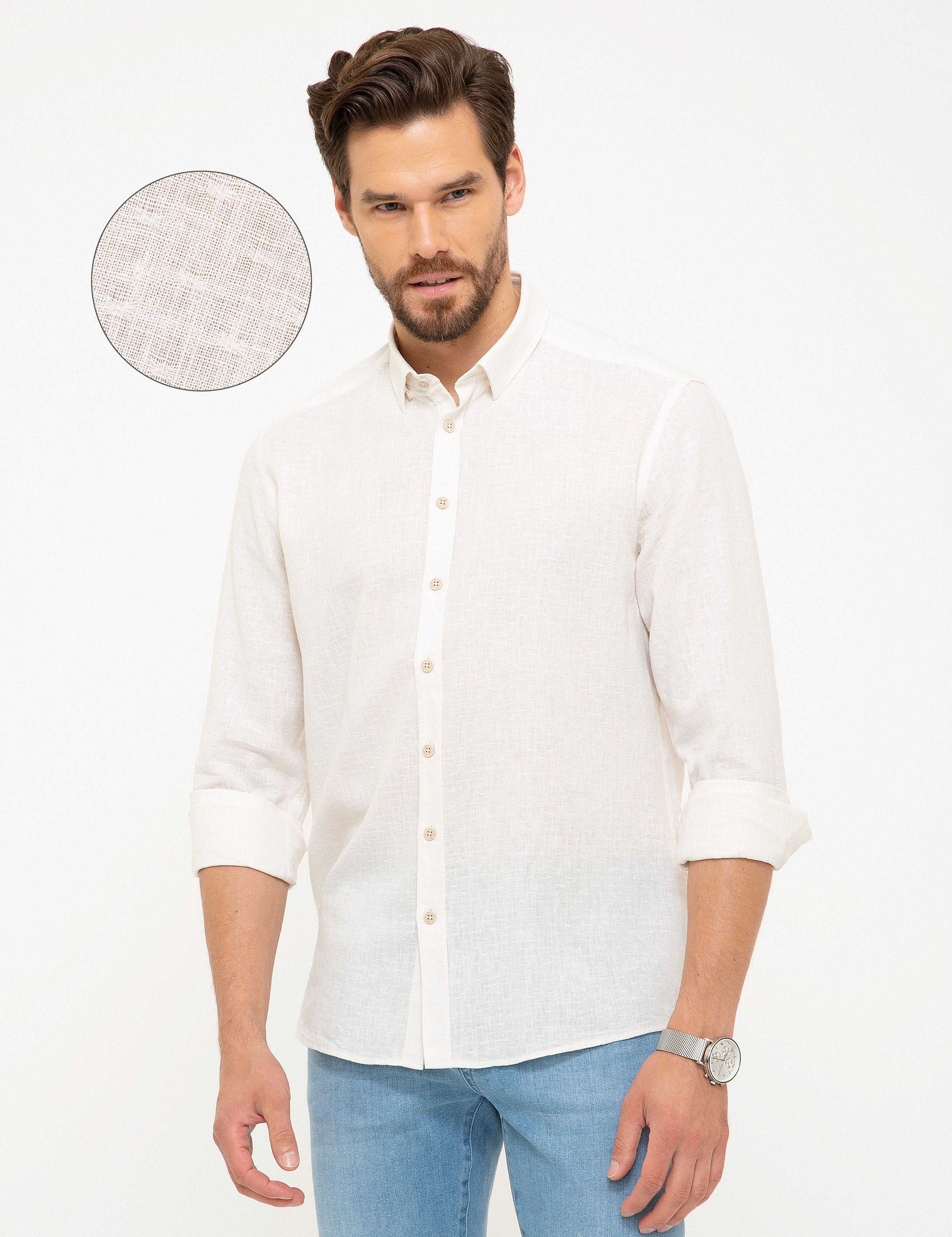 Beyaz Regular Fit Keten Karışımlı Gömlek - Image 1