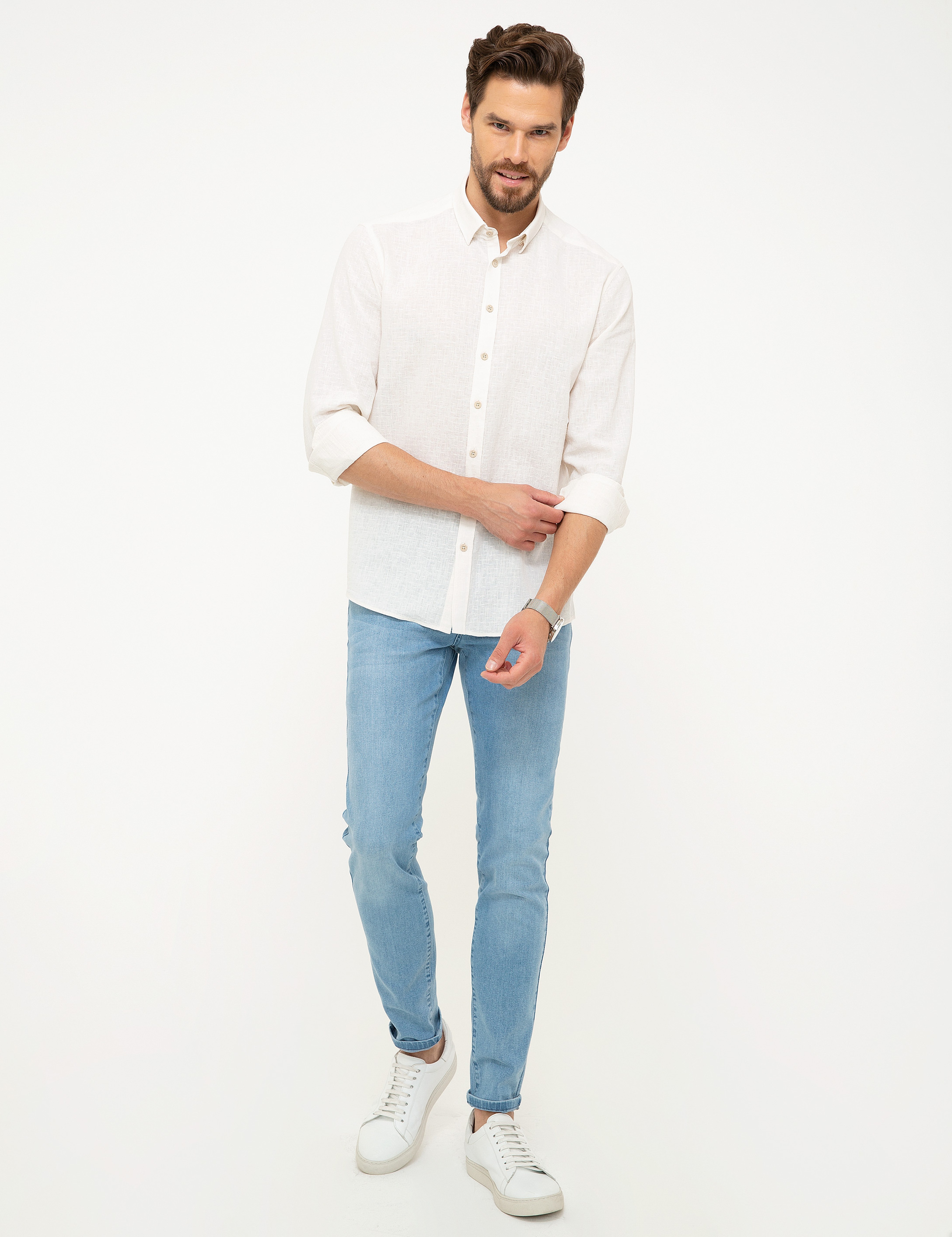Beyaz Regular Fit Keten Karışımlı Gömlek - Image 4