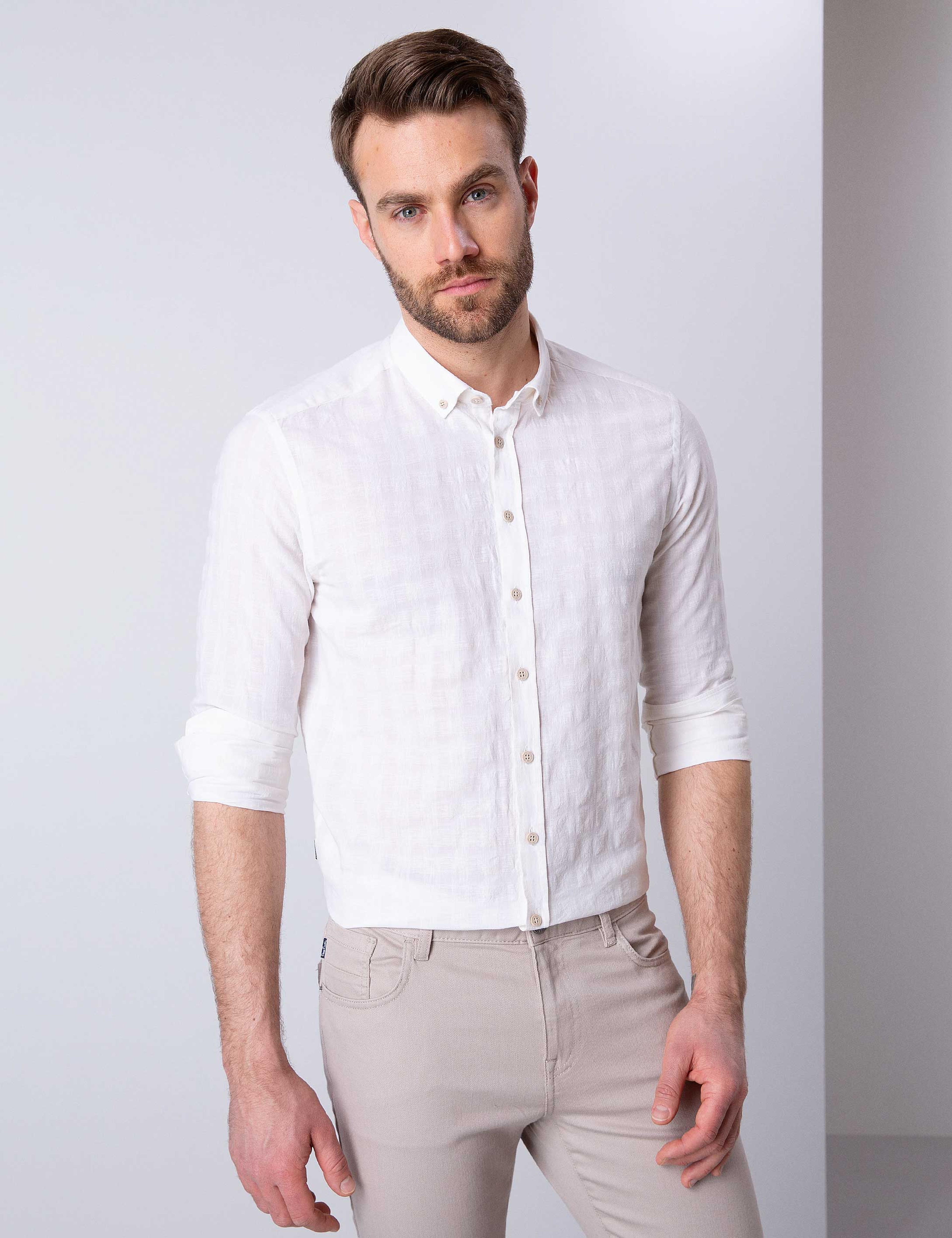 Beyaz Regular Fit Keten Karışımlı Gömlek - Image 1