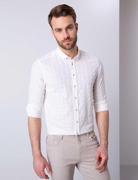 Beyaz Regular Fit Keten Karışımlı Gömlek - 50200528005
