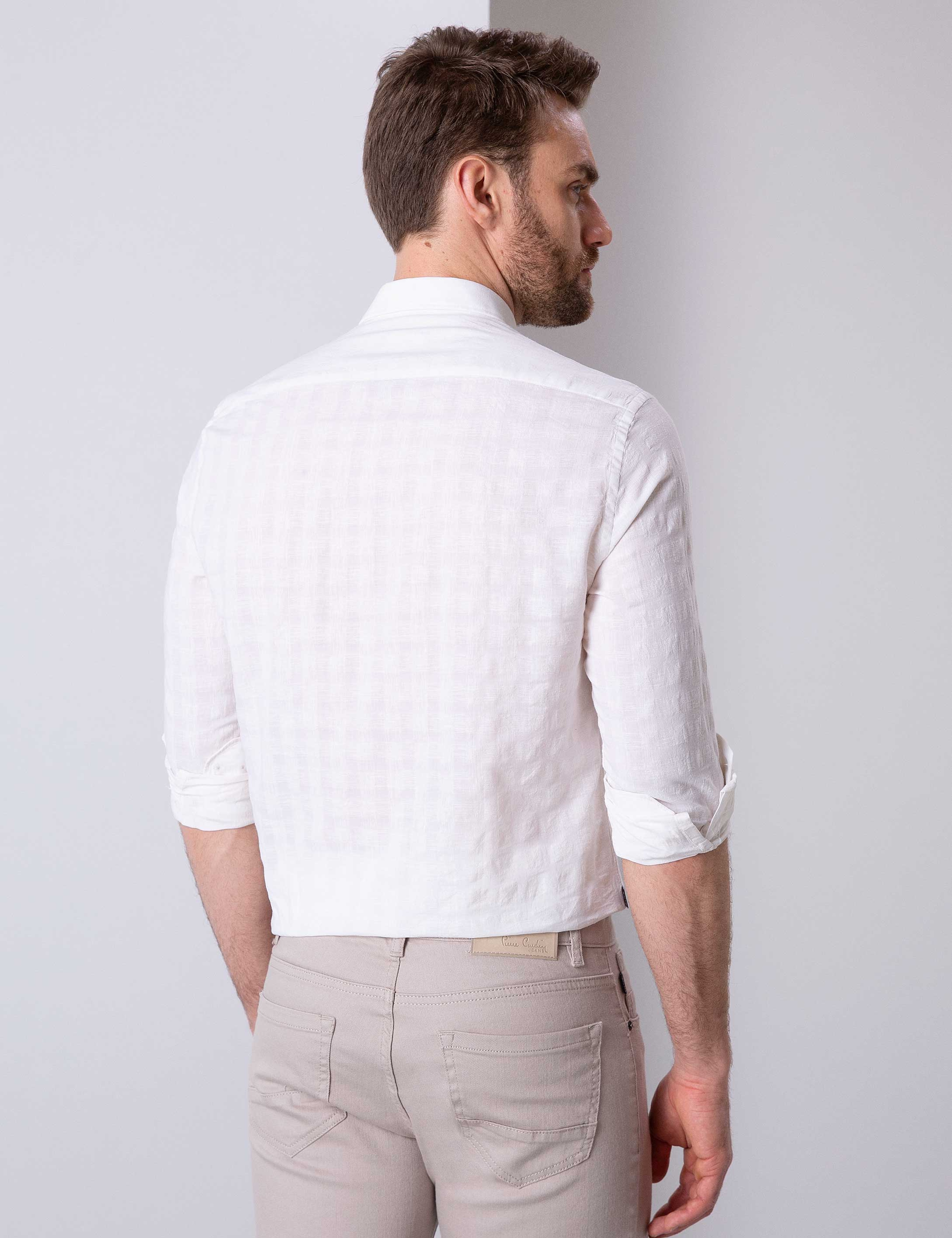 Beyaz Regular Fit Keten Karışımlı Gömlek - Image 3