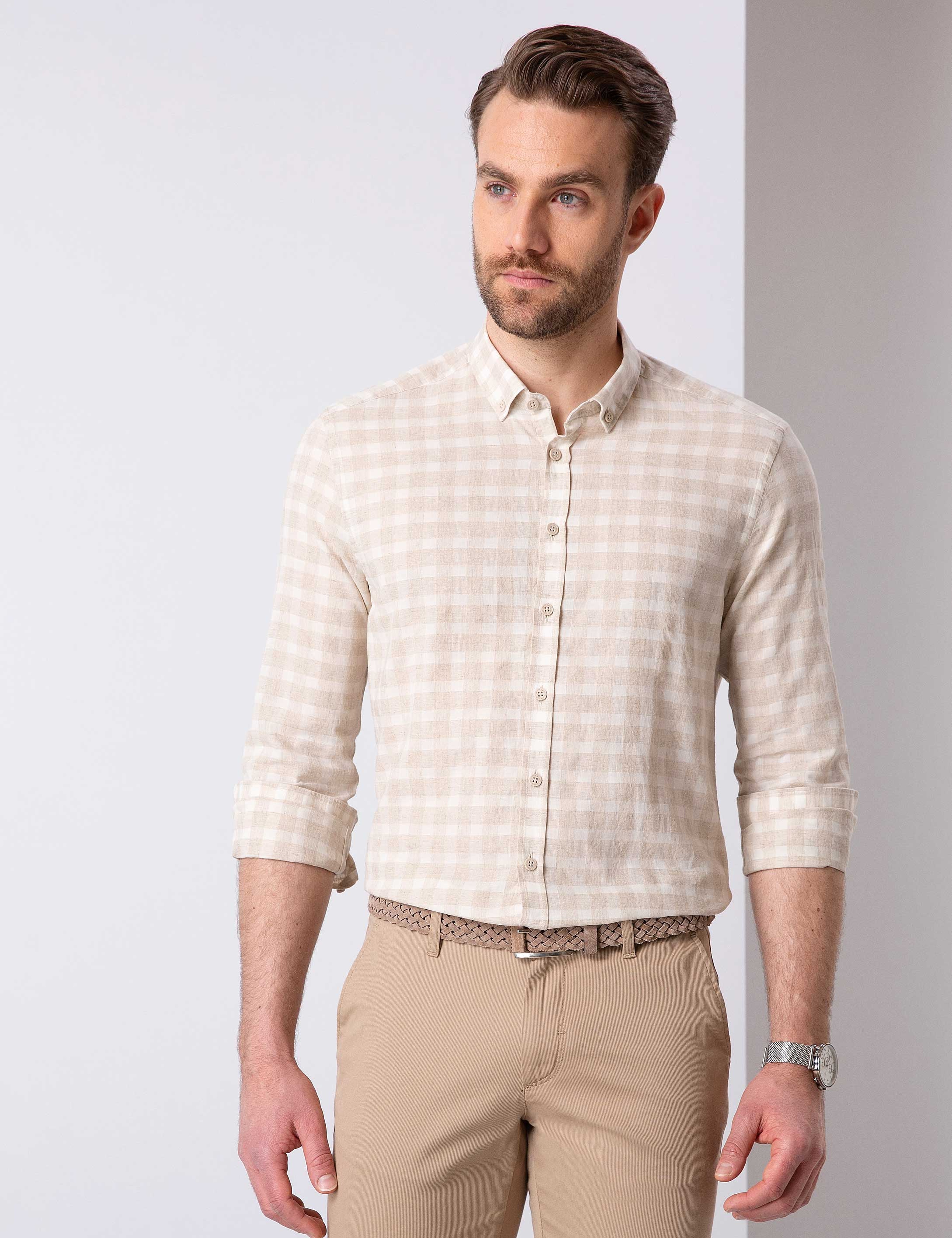 Bej Regular Fit Uzun Kollu Gömlek - Image 1