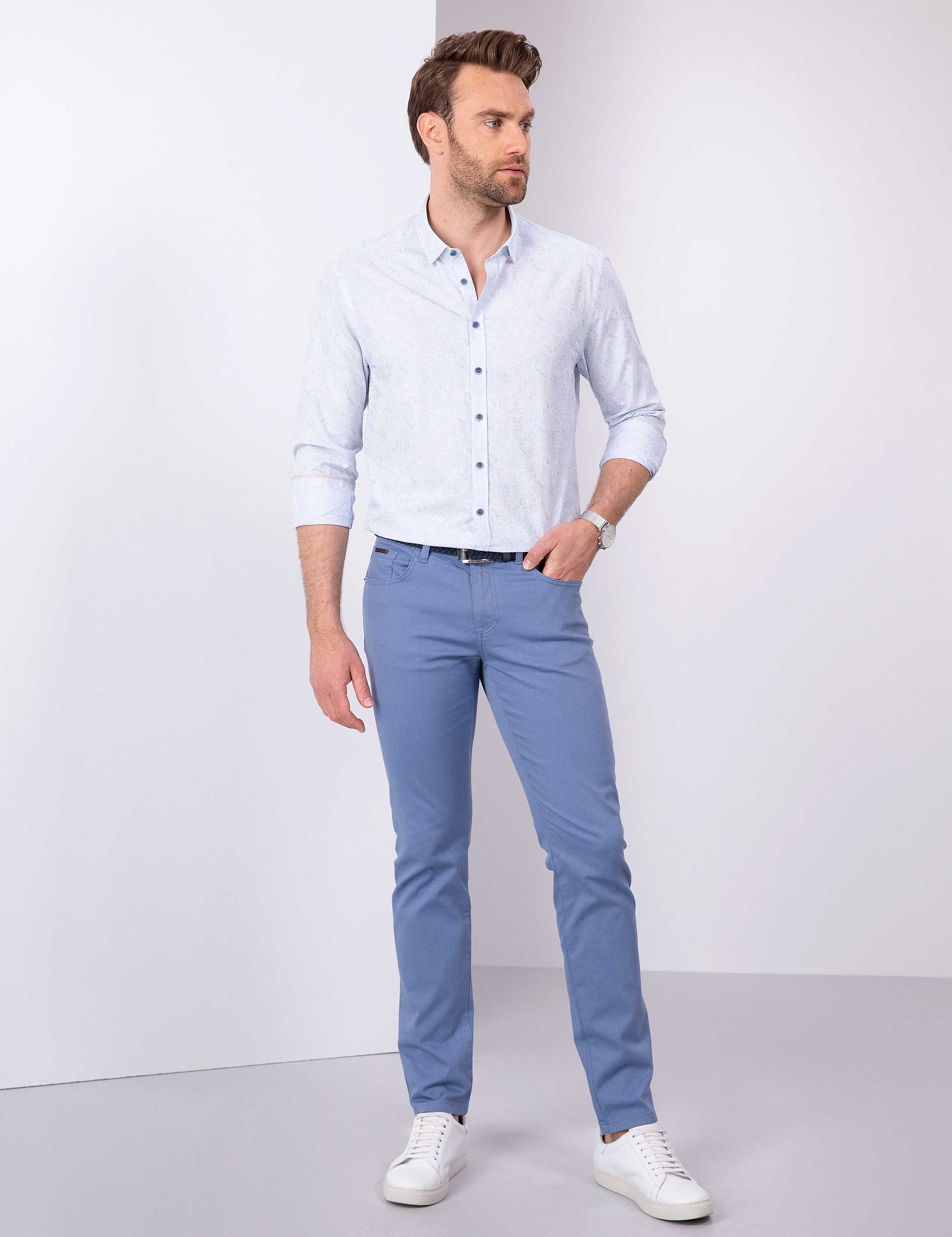 Açık Mavi Slim Fit Uzun Kollu Gömlek - Image 4