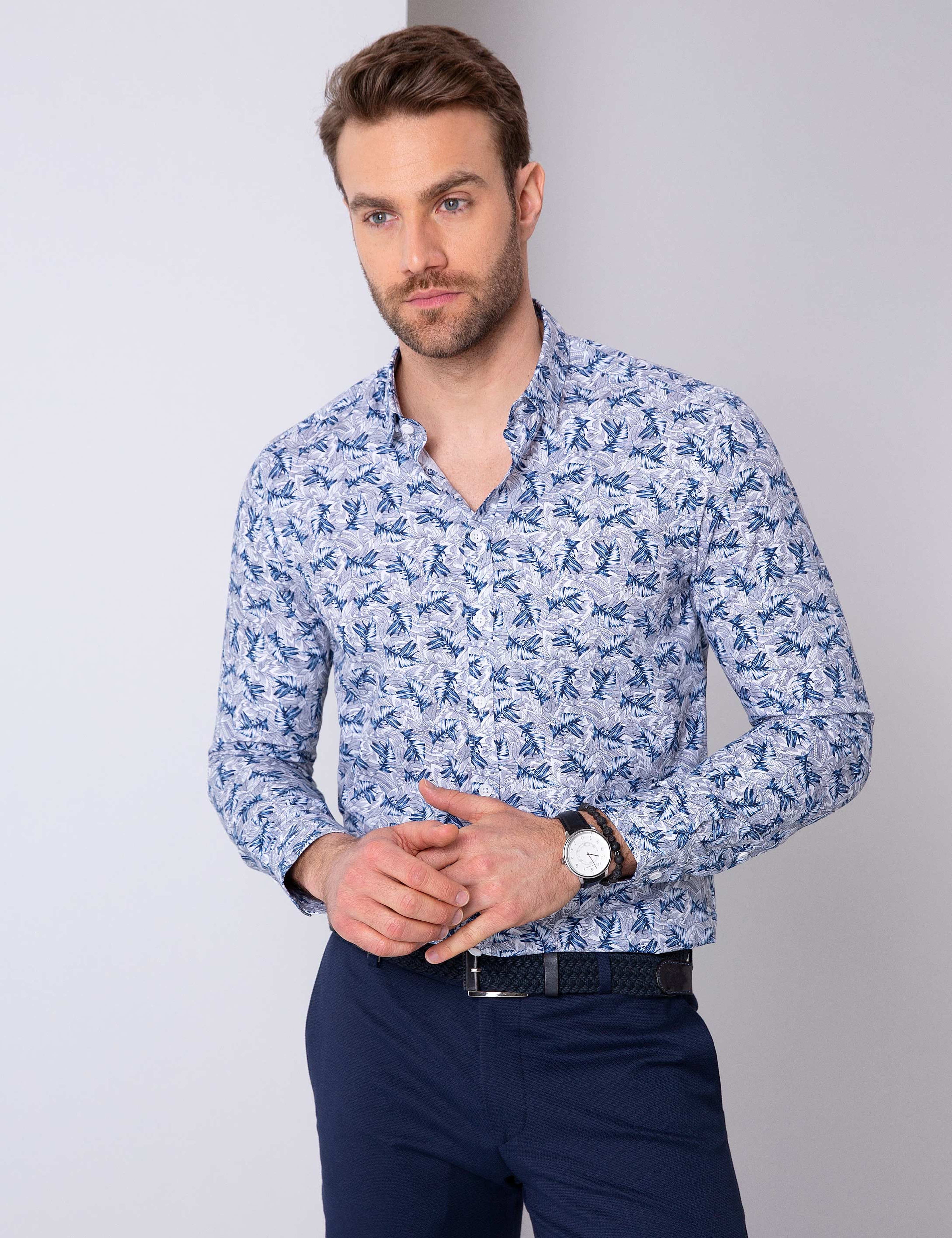 Lacivert Slim Fit Uzun Kollu Gömlek - Image 1