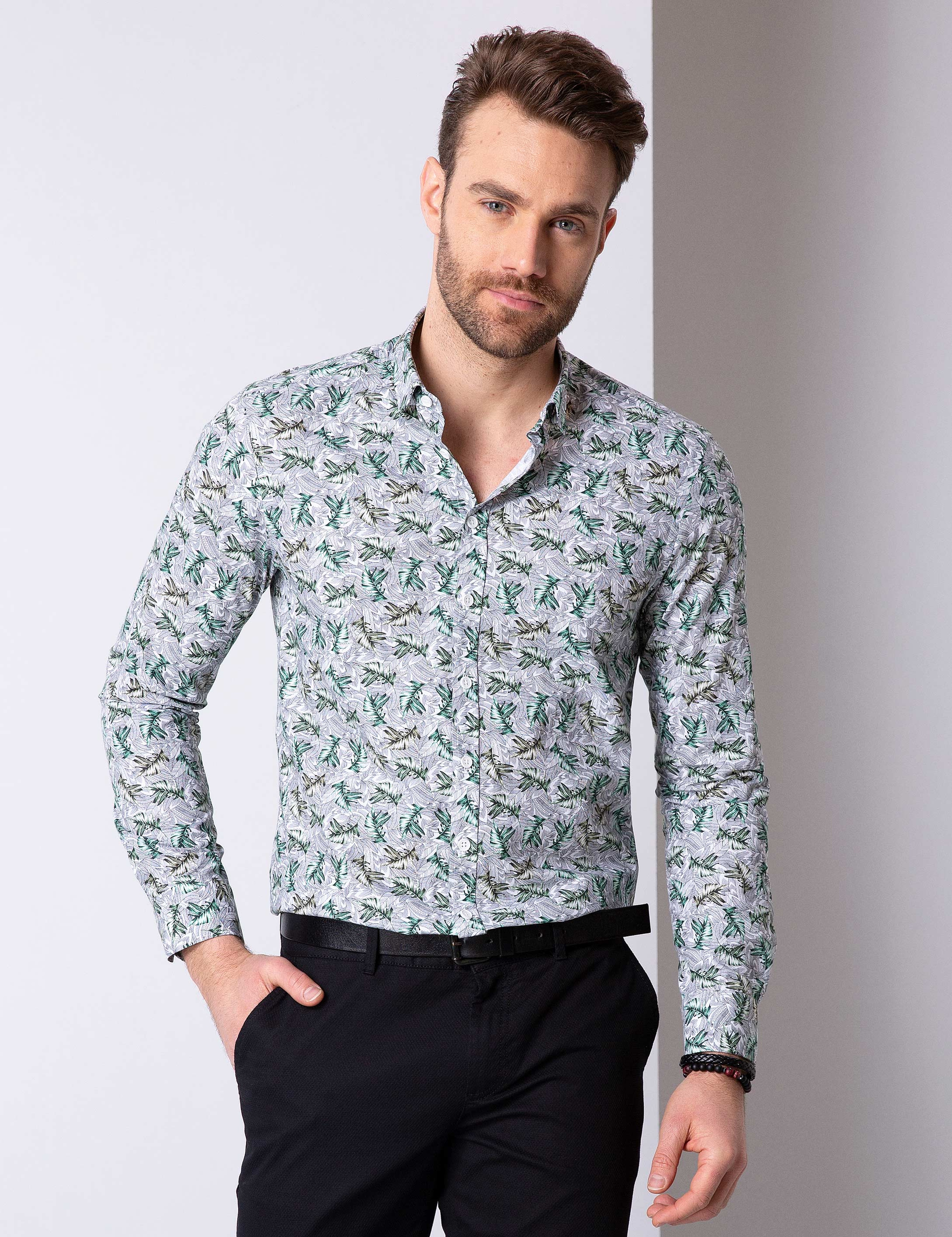 Haki Slim Fit Uzun Kollu Gömlek - Image 1