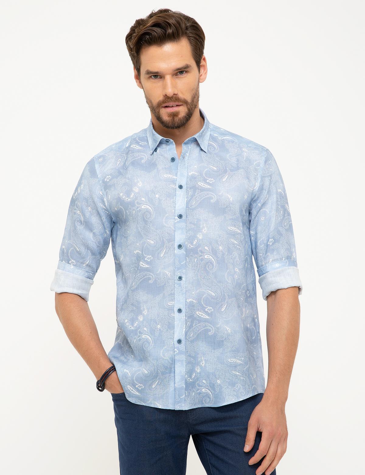 Açık Mavi Slim Fit Keten Gömlek