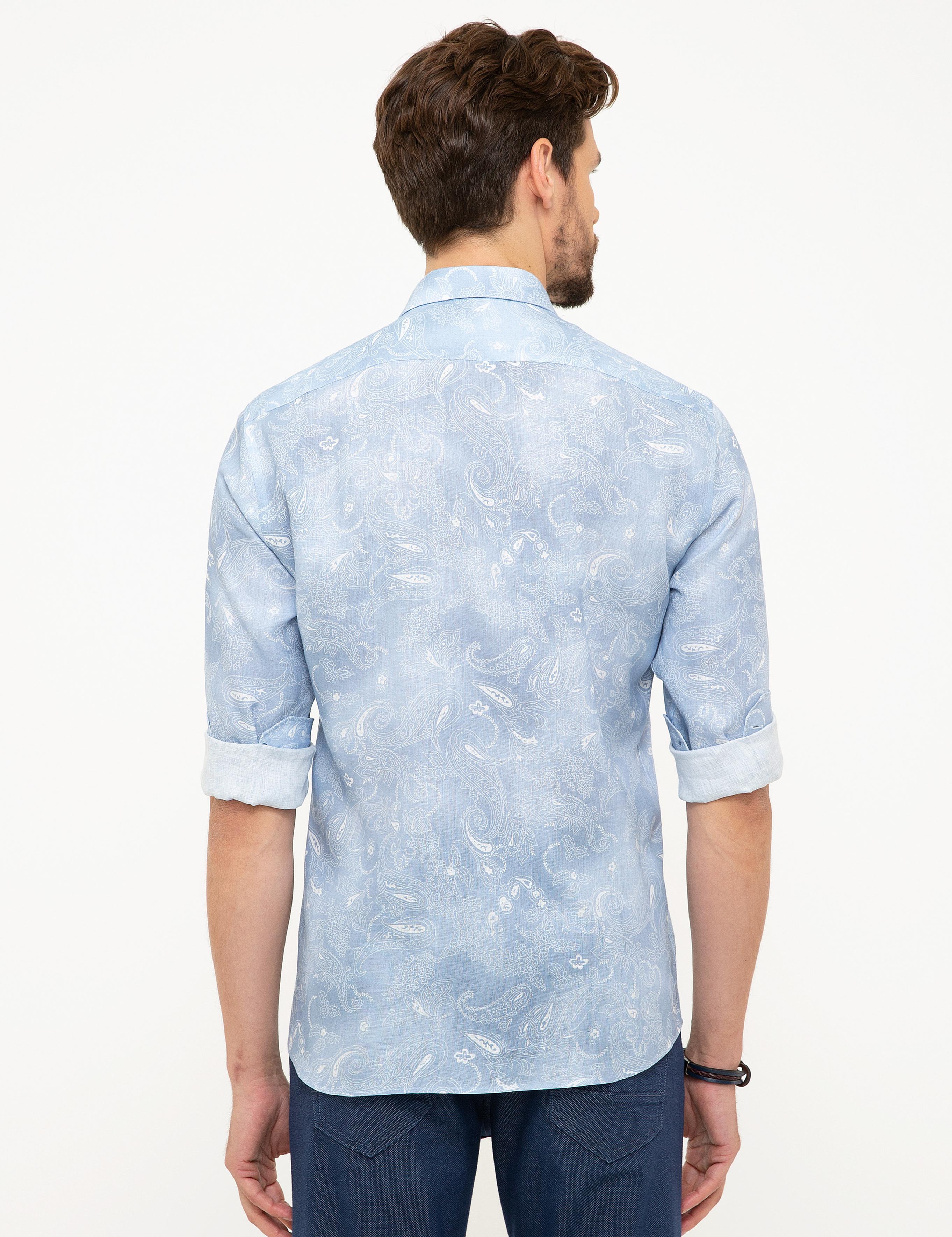 Açık Mavi Slim Fit Keten Gömlek