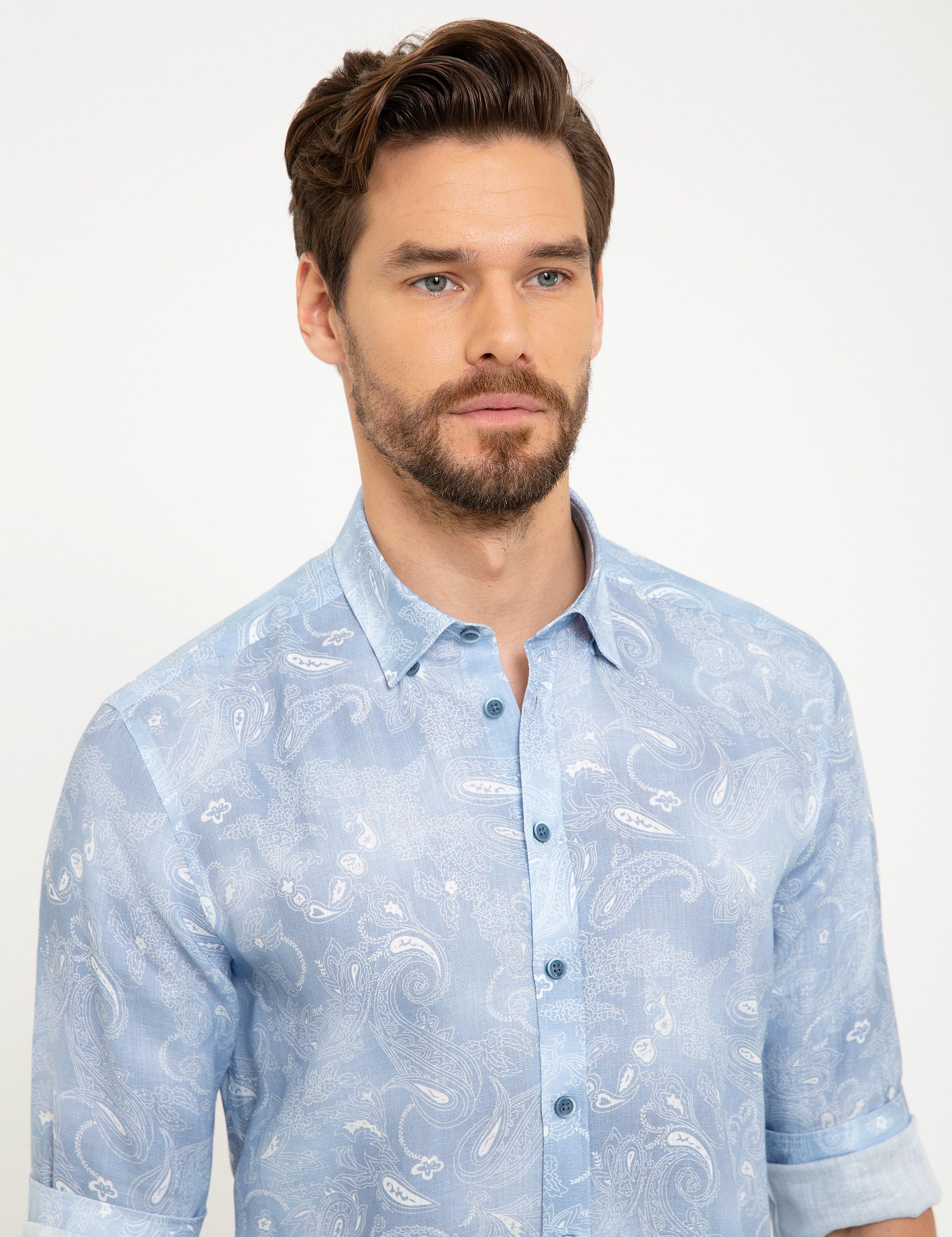 Açık Mavi Slim Fit Keten Gömlek