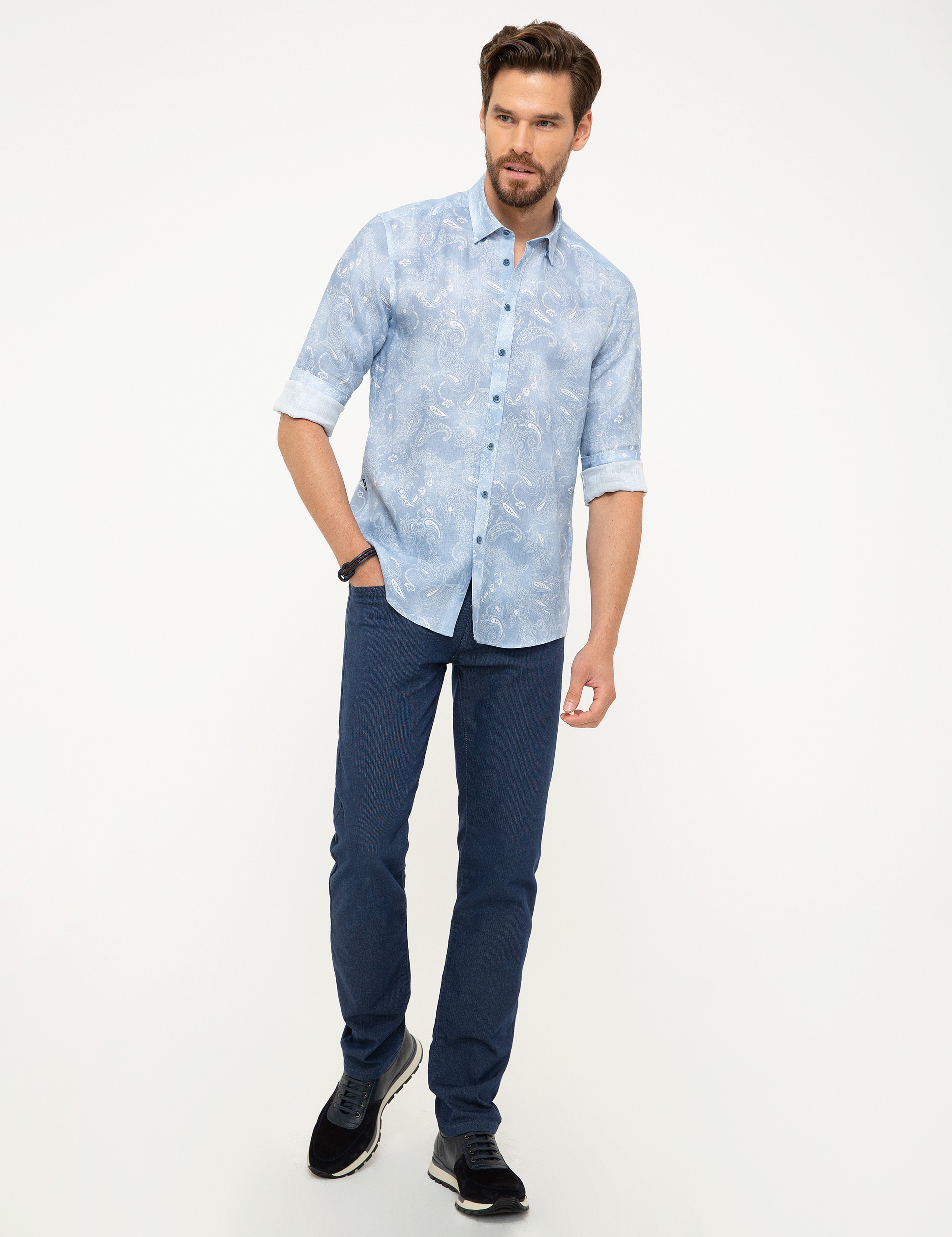 Açık Mavi Slim Fit Uzun Kollu Gömlek - Image 4